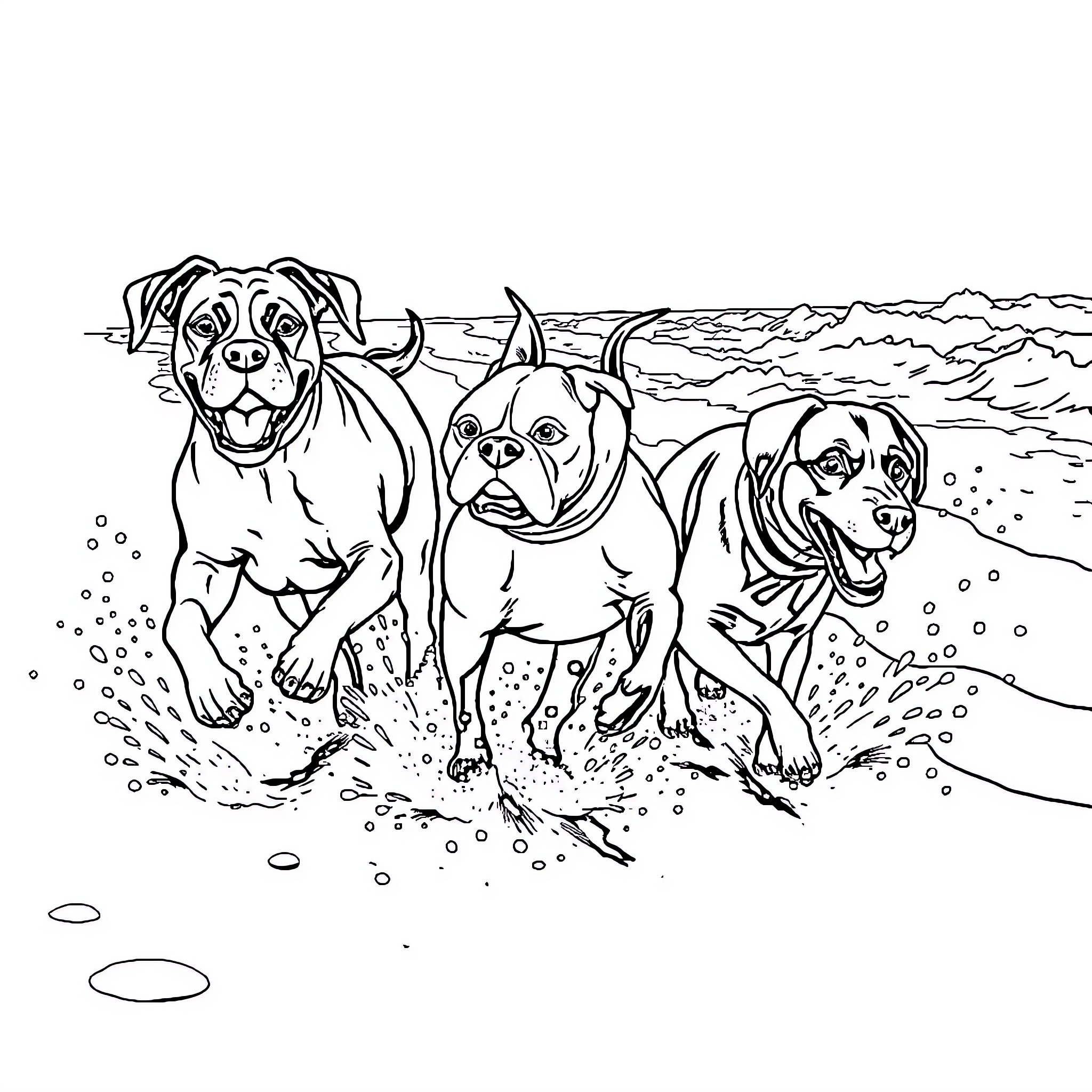 Dog friends playing on the beach Coloring Page (free black-and-white line drawing printable PDF for all, from beginners to advanced learners, including children, teens, adults, and seniors)