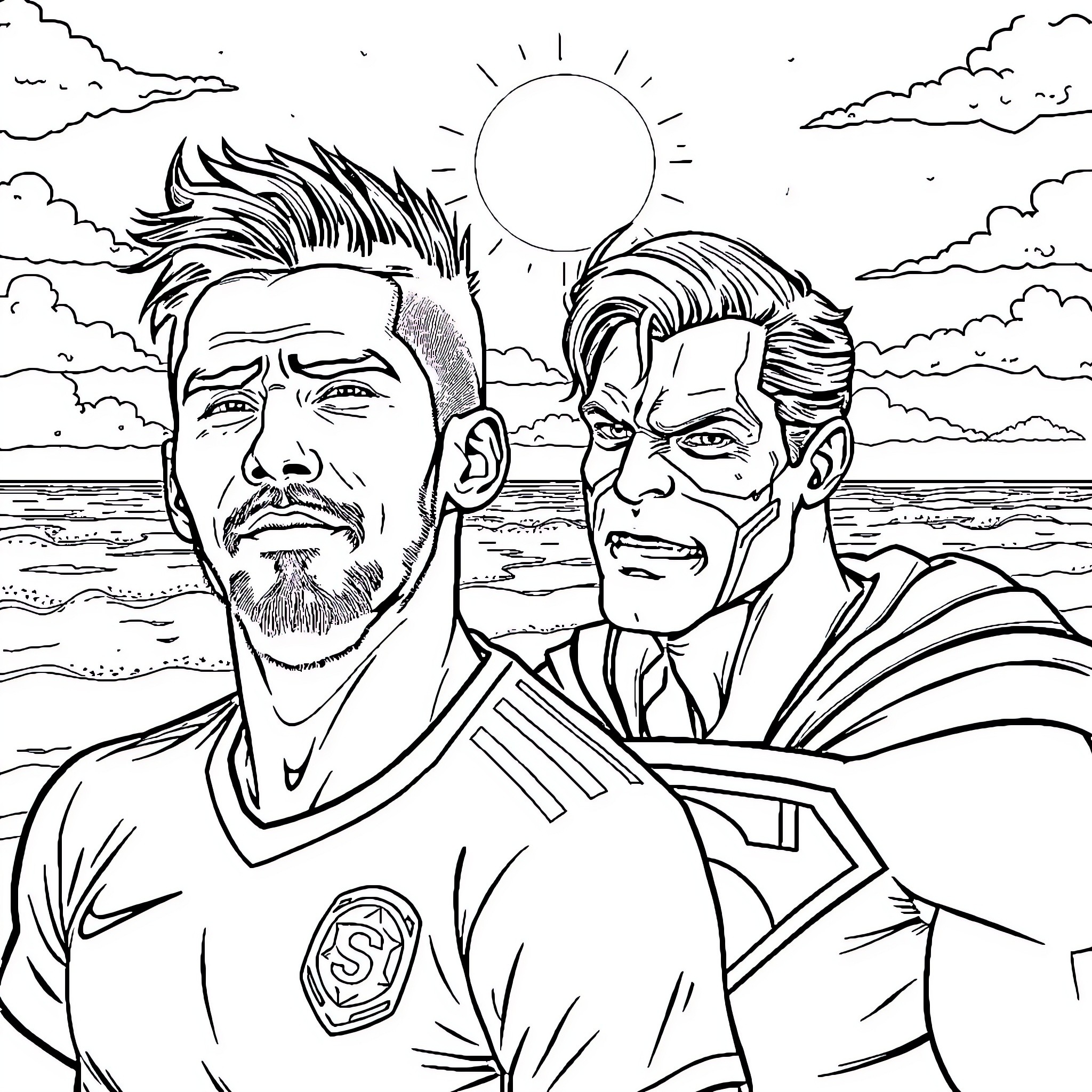 Neymar and teammate in an intense soccer match Coloring Page (free black-and-white line drawing printable PDF for all, from beginners to advanced learners, including children, teens, adults, and seniors)