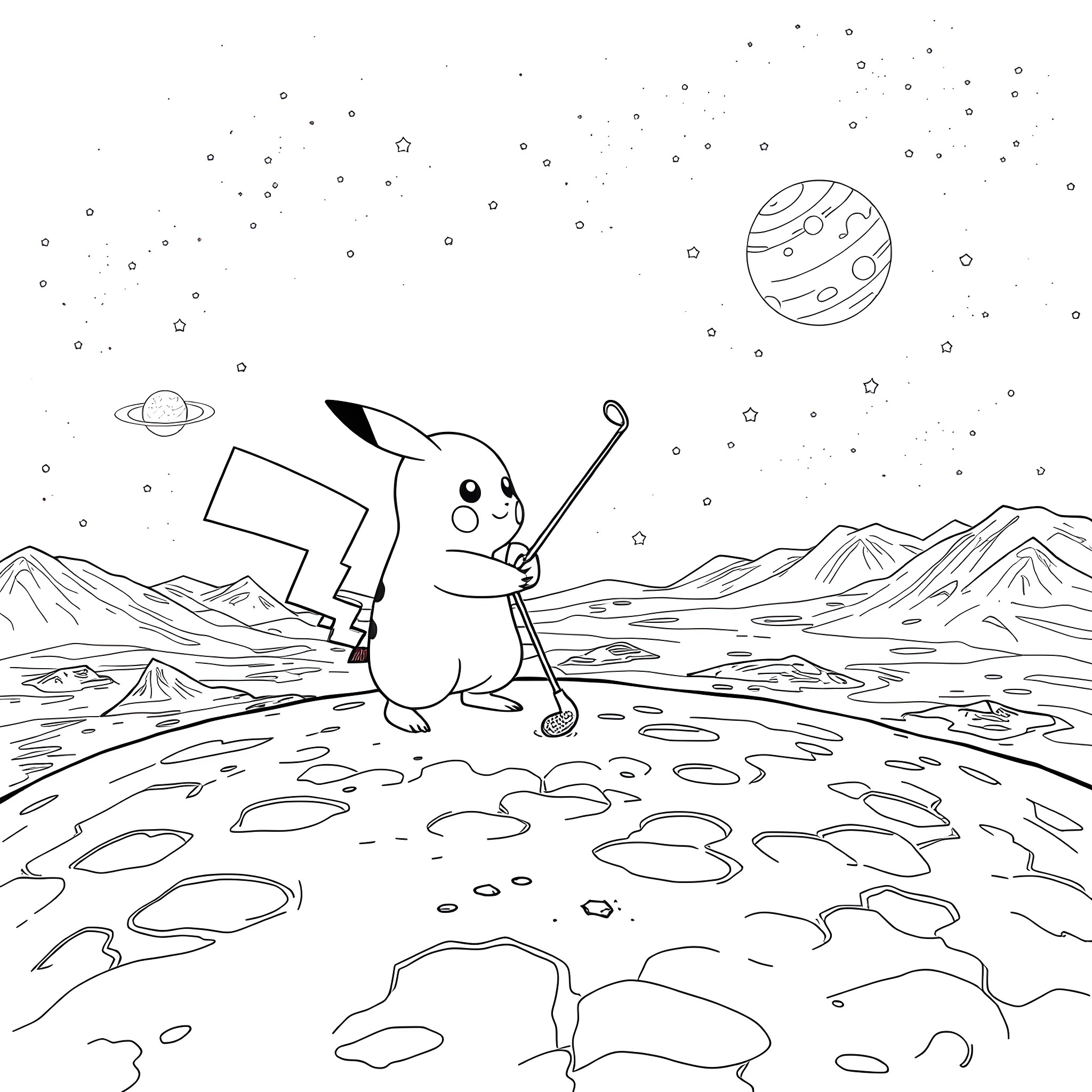 Pikachu exploring a cosmic landscape Coloring Page (free black-and-white line drawing printable PDF for all, from beginners to advanced learners, including children, teens, adults, and seniors)