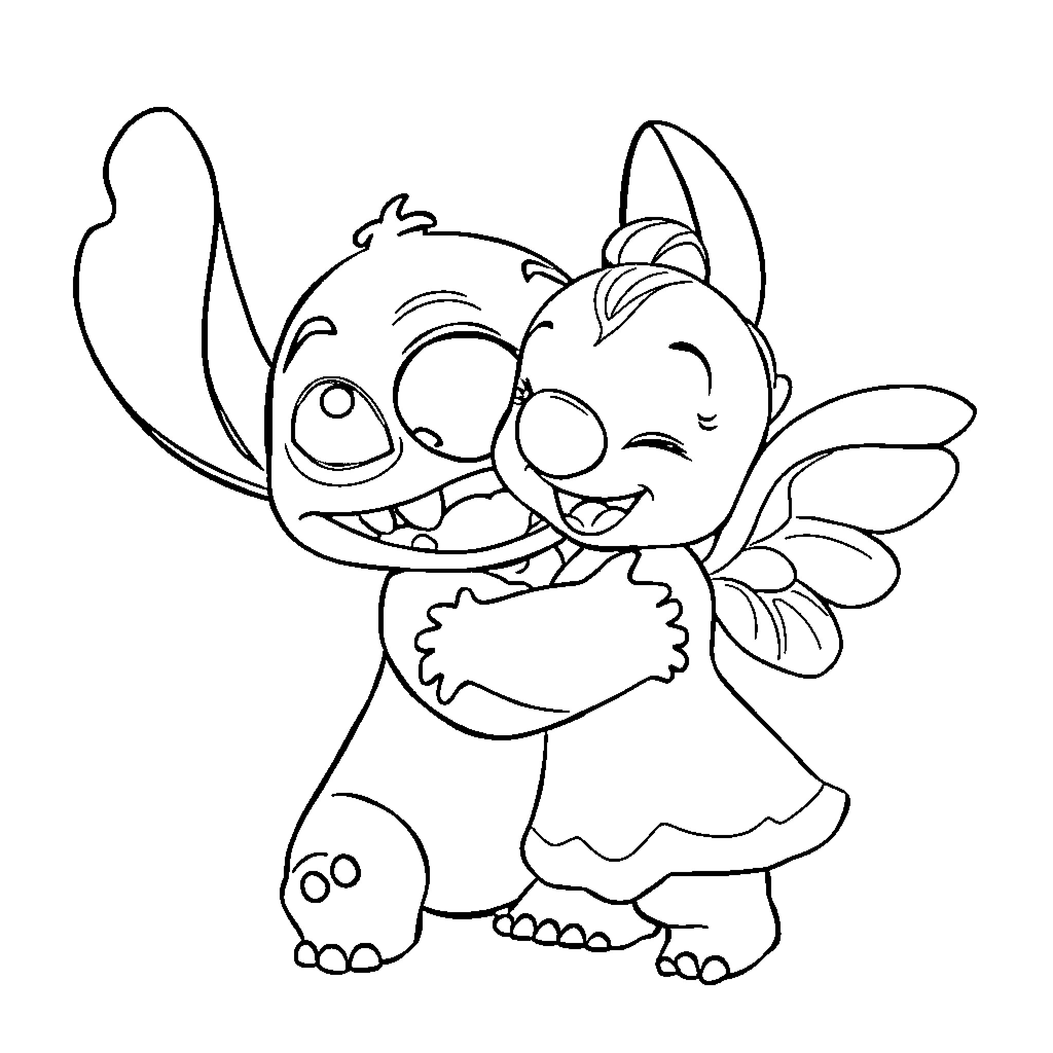 Stitch and Angel sharing a tender moment Coloring Page (free black-and-white line drawing printable PDF for all, from beginners to advanced learners, including children, teens, adults, and seniors)