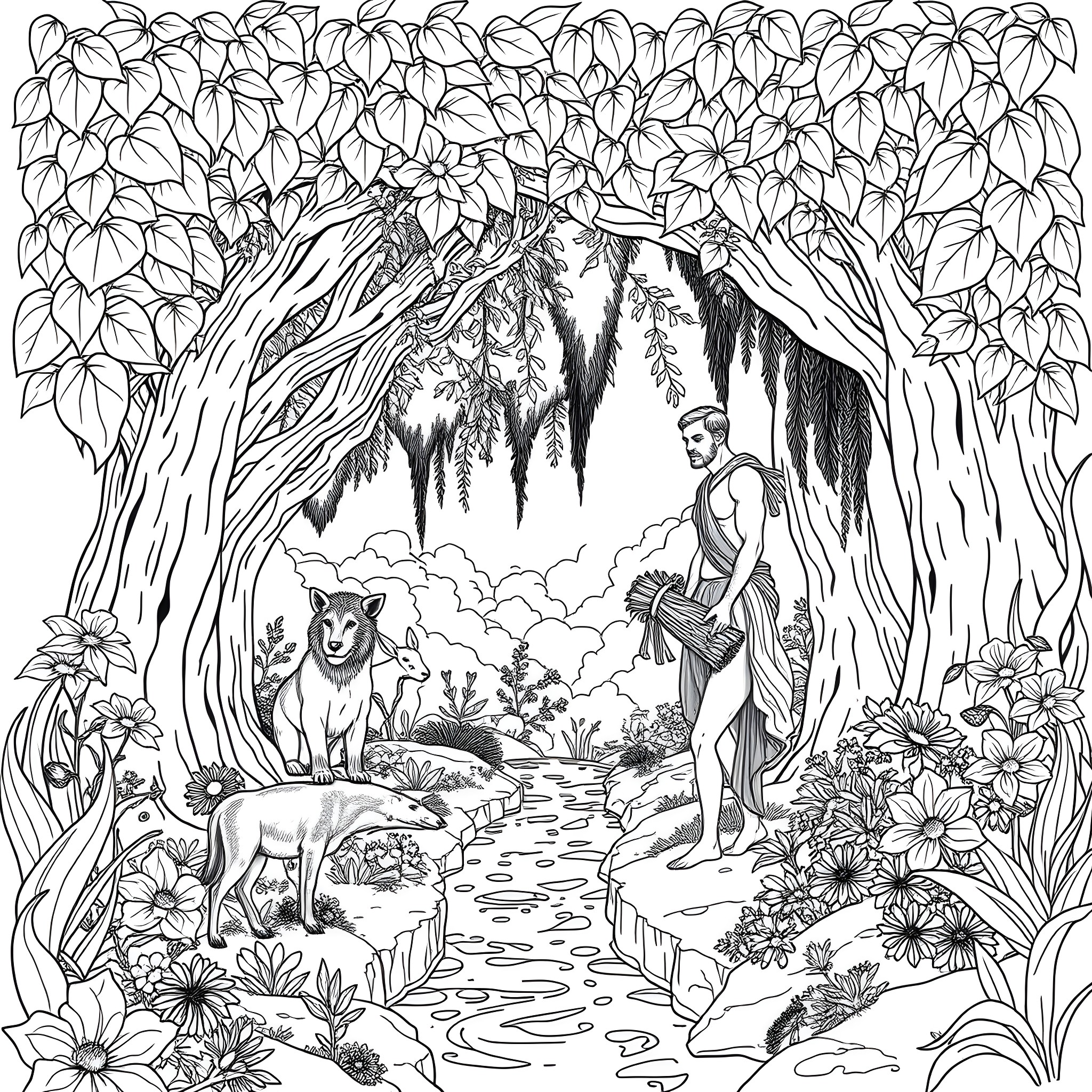 Adam and Eve amidst the lush garden with wild animals Coloring Page (free black-and-white line drawing printable PDF for all, from beginners to advanced learners, including children, teens, adults, and seniors)