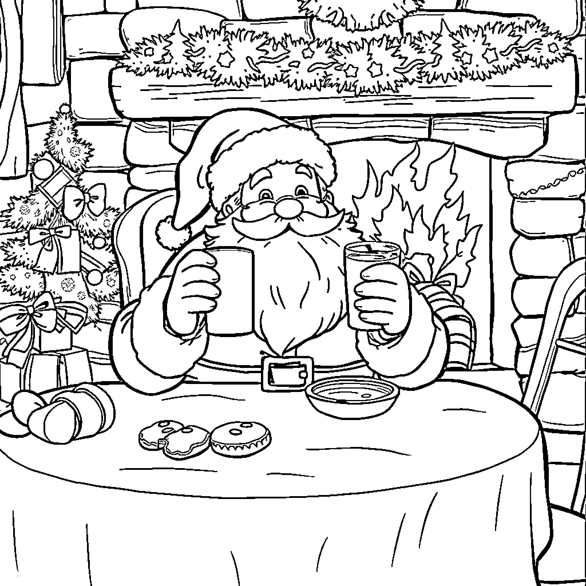 Santa Enjoying Christmas Treats by the Fireplace Coloring Page (free black-and-white line drawing printable PDF for all, from beginners to advanced learners, including children, teens, adults, and seniors)