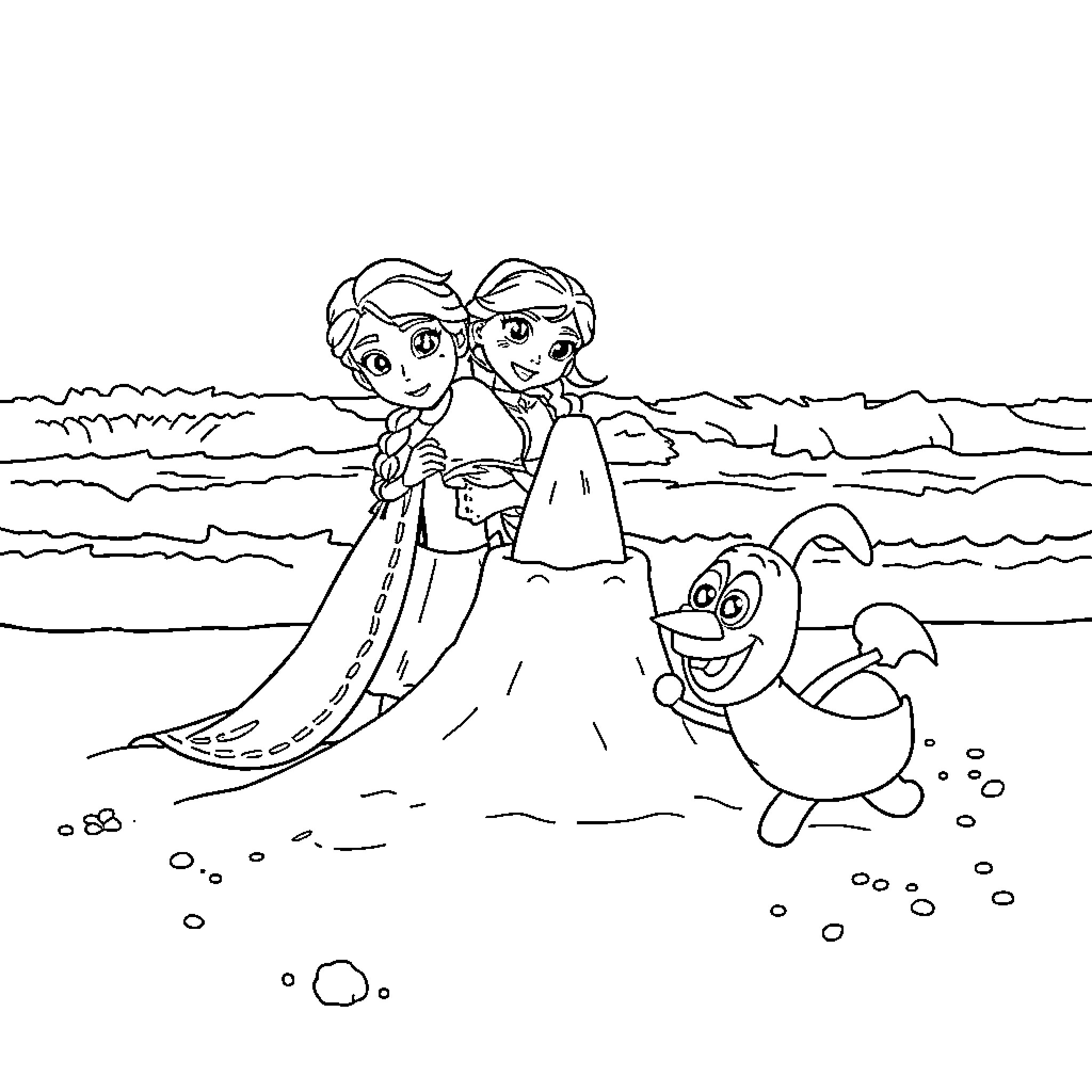 Character Sisters Explore Seaside with Companion Coloring Page (free black-and-white line drawing printable PDF for all, from beginners to advanced learners, including children, teens, adults, and seniors)