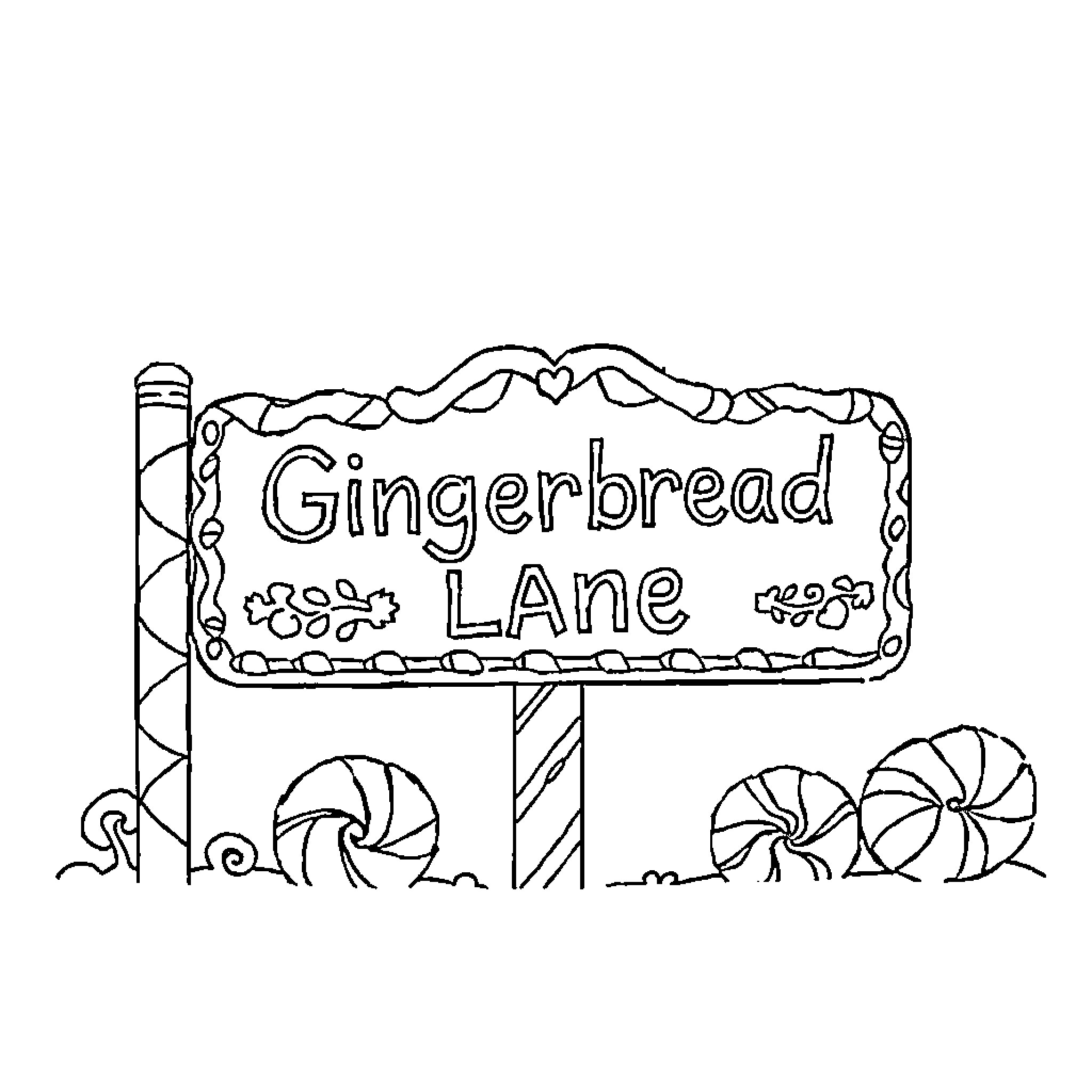 Gingerbread Lane sign with sweets and decorations Coloring Page (free black-and-white line drawing printable PDF for all, from beginners to advanced learners, including children, teens, adults, and seniors)