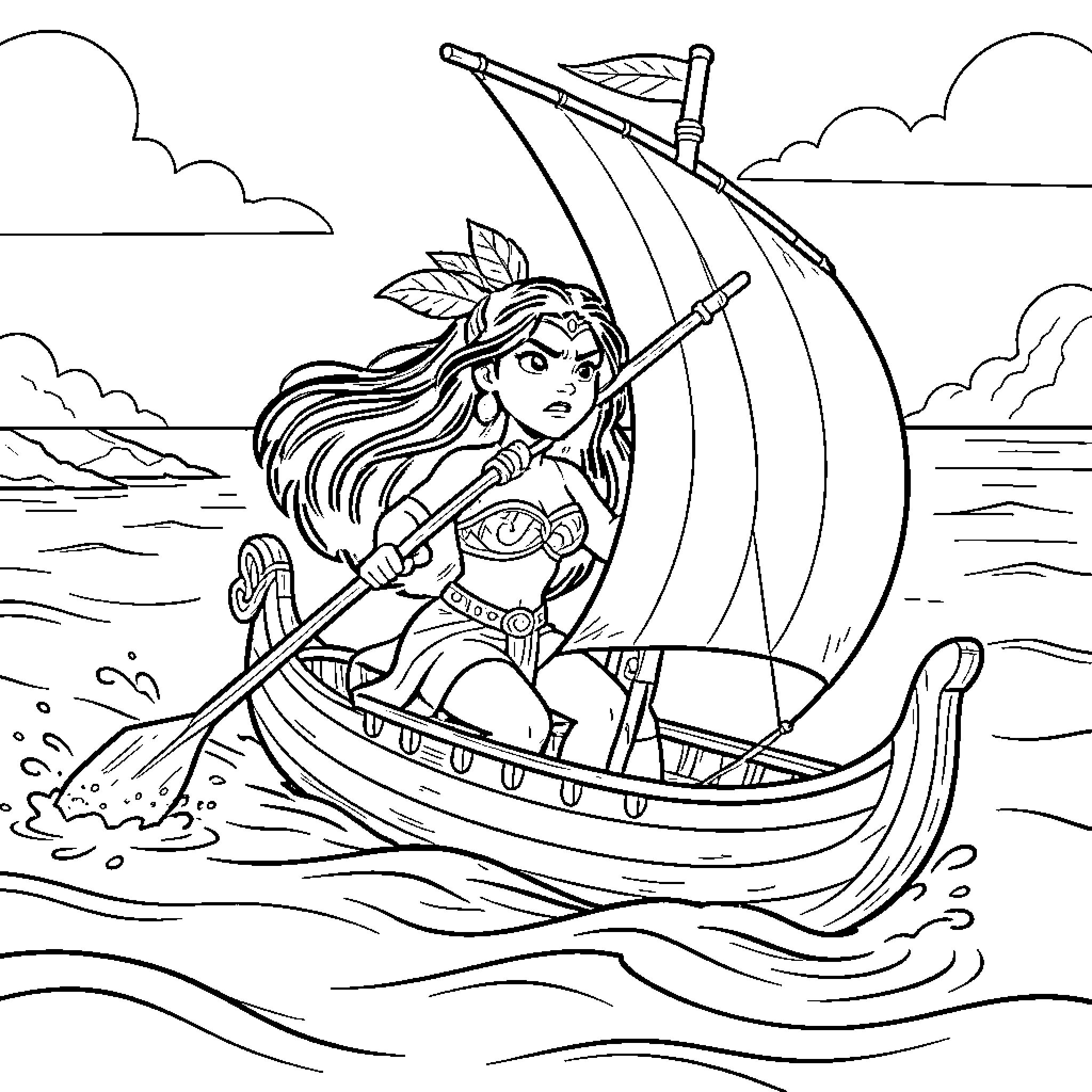 Vaiana navigating a sailboat through ocean waves Coloring Page (free black-and-white line drawing printable PDF for all, from beginners to advanced learners, including children, teens, adults, and seniors)