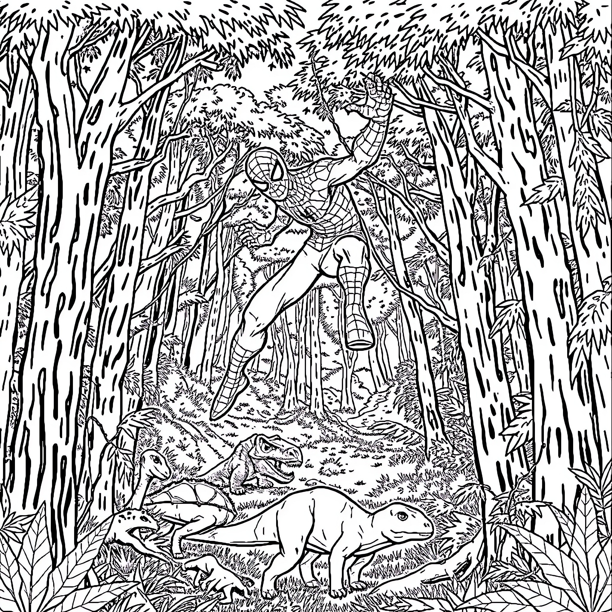 Spider-Man Swings Through Lush Jungle Landscape Coloring Page (free black-and-white line drawing printable PDF for all, from beginners to advanced learners, including children, teens, adults, and seniors)