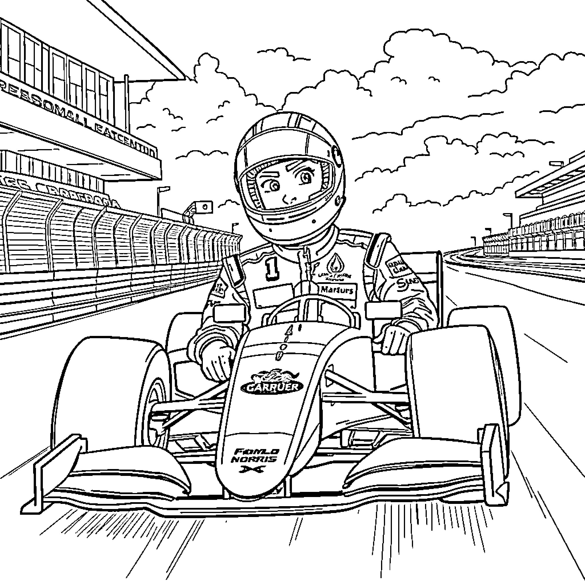 Formula 1 Racer on the Track Coloring Page (free black-and-white line drawing printable PDF for all, from beginners to advanced learners, including children, teens, adults, and seniors)