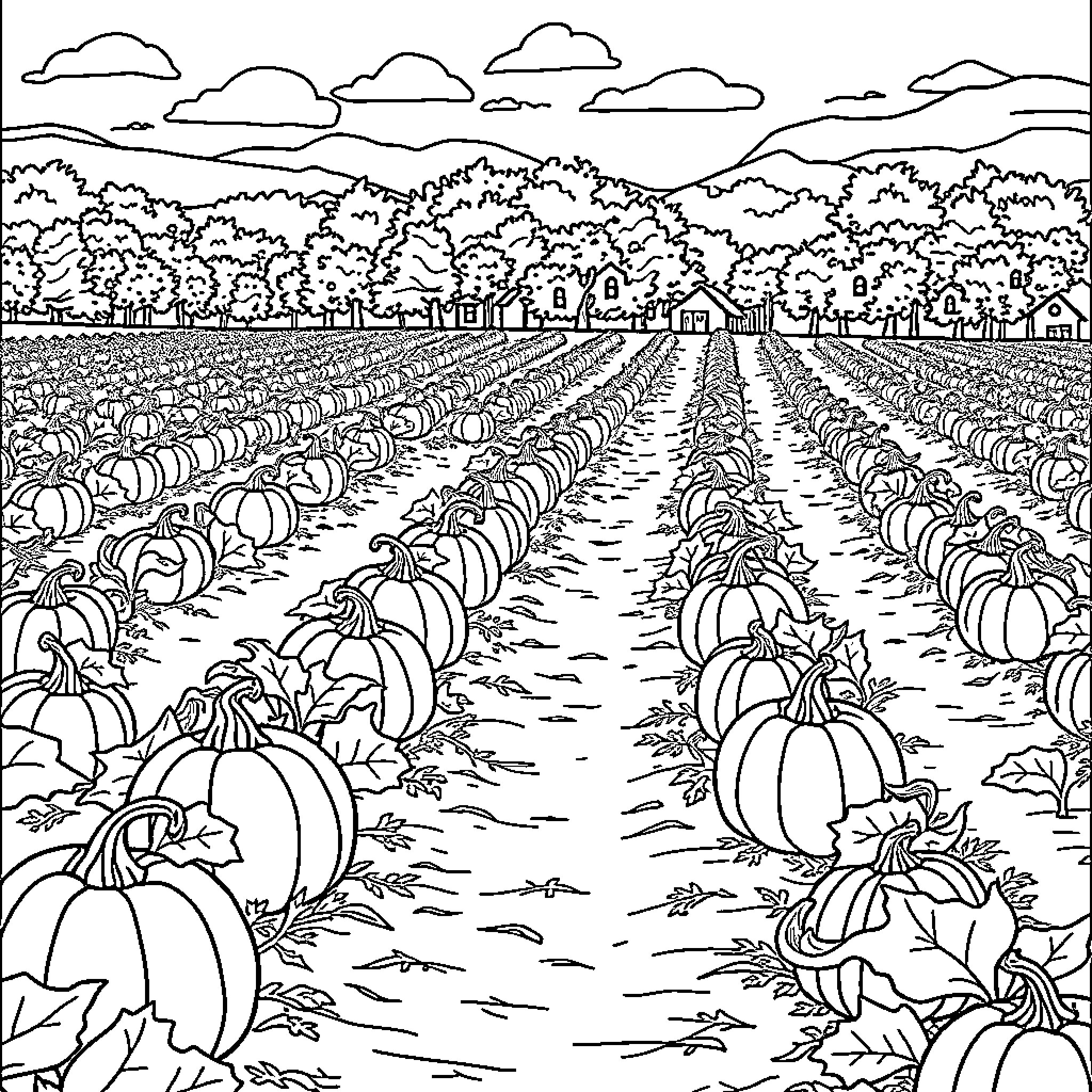 Pumpkin Harvest Scene in the Countryside Coloring Page (free black-and-white line drawing printable PDF for all, from beginners to advanced learners, including children, teens, adults, and seniors)