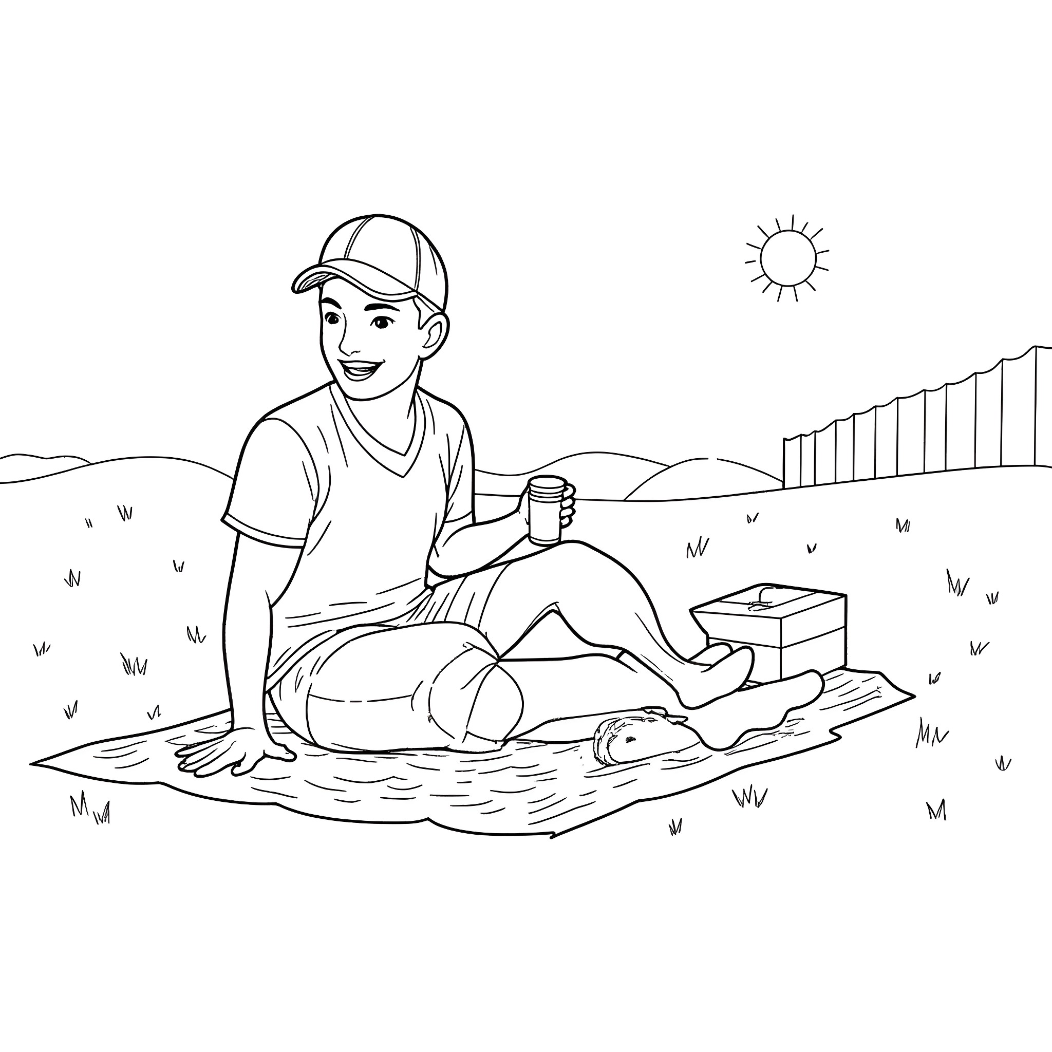 UPS Driver Enjoying Relaxing Break Outdoors Coloring Page (free black-and-white line drawing printable PDF for all, from beginners to advanced learners, including children, teens, adults, and seniors)