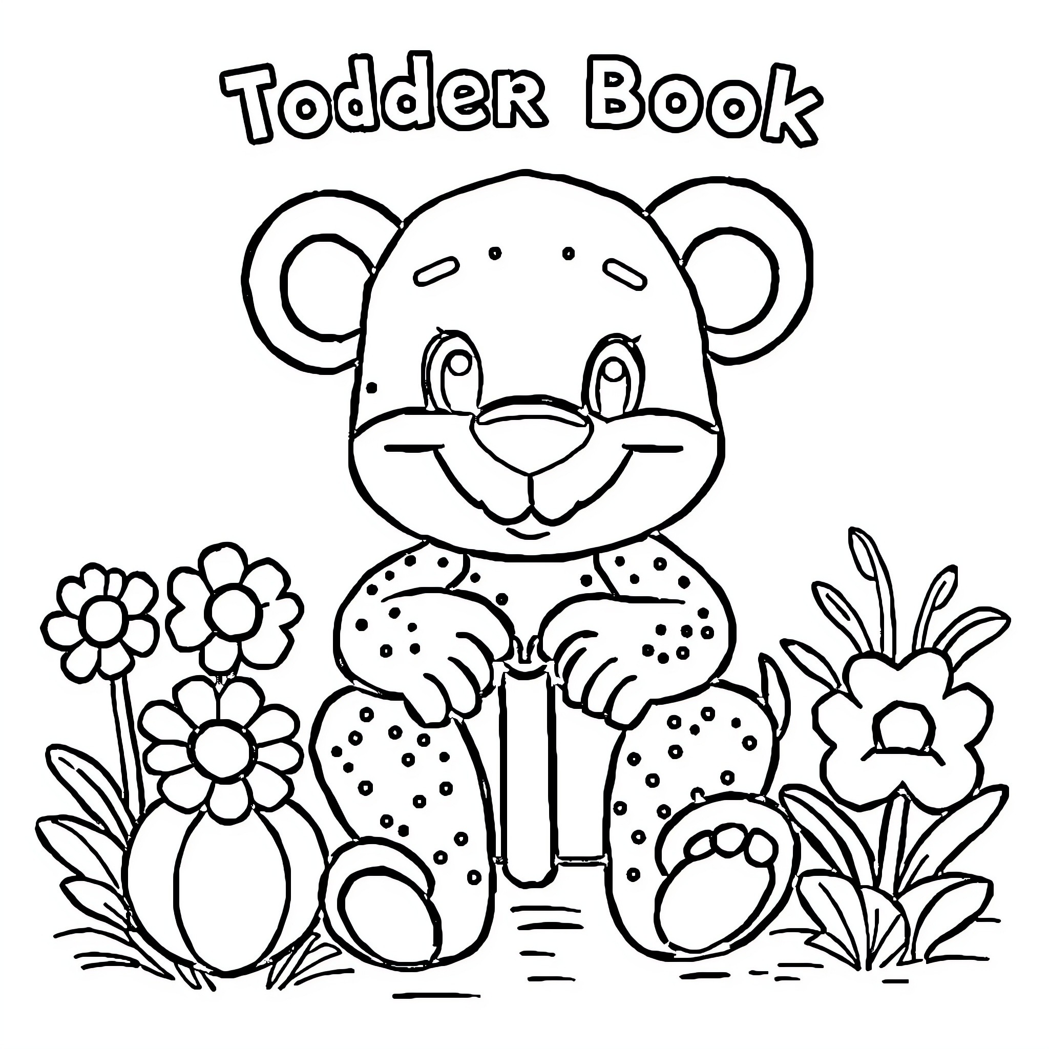 Toddler Teddy Bear Surrounded by Flowers Coloring Page (free black-and-white line drawing printable PDF for all, from beginners to advanced learners, including children, teens, adults, and seniors)