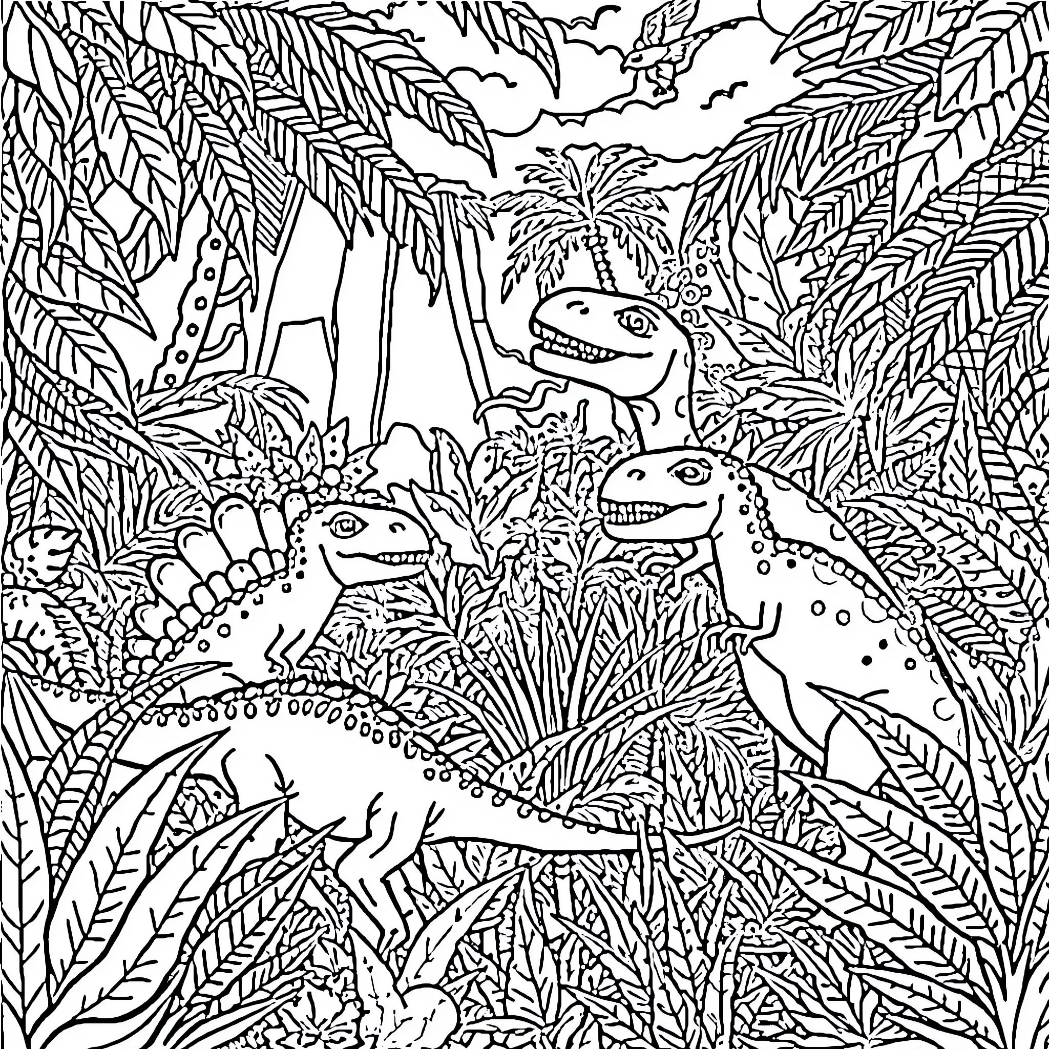 Dinosaurs Frolicking in Lush Jungle Landscape Coloring Page (free black-and-white line drawing printable PDF for all, from beginners to advanced learners, including children, teens, adults, and seniors)