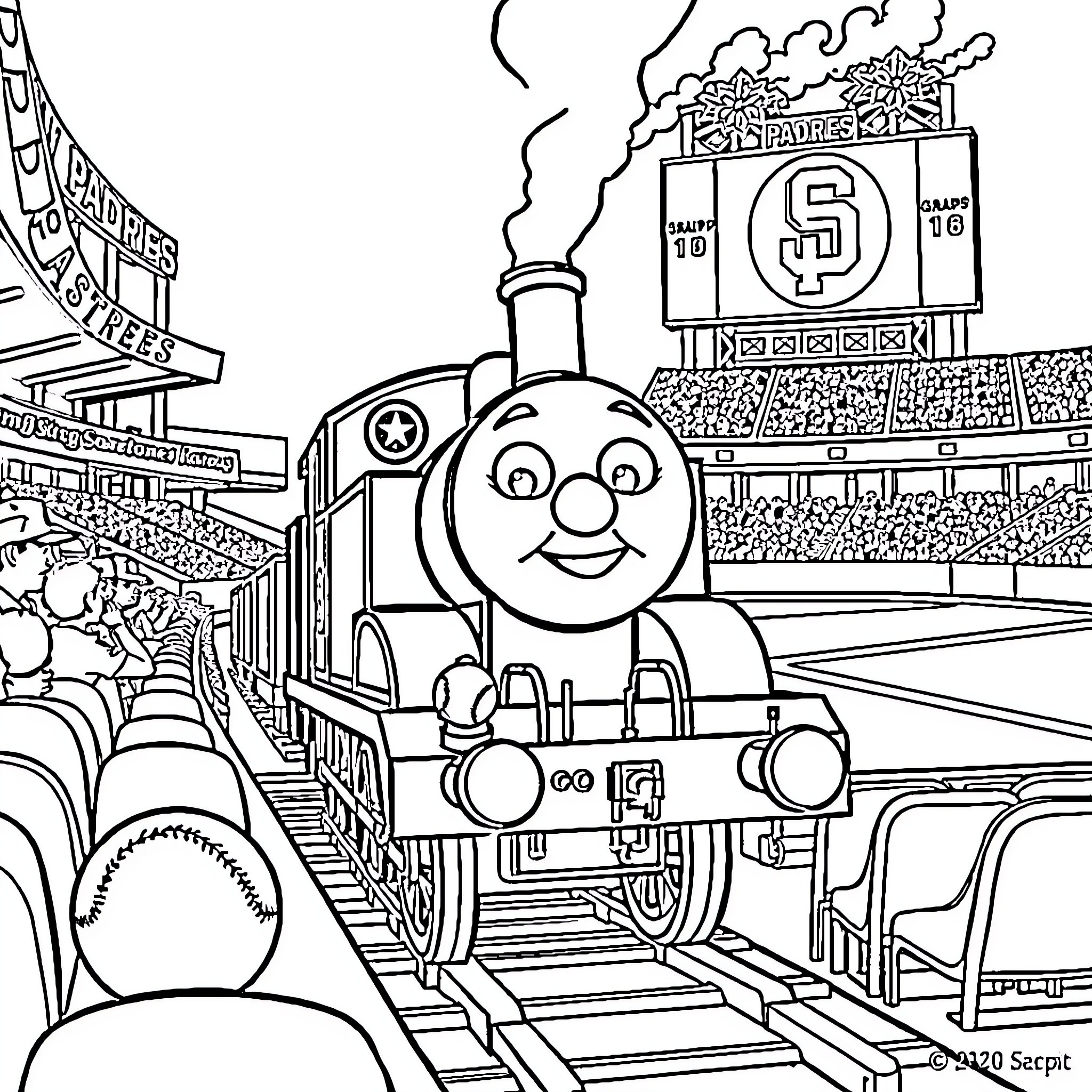 Thomas the Train Enjoying the Baseball Game Coloring Page (free black-and-white line drawing printable PDF for all, from beginners to advanced learners, including children, teens, adults, and seniors)
