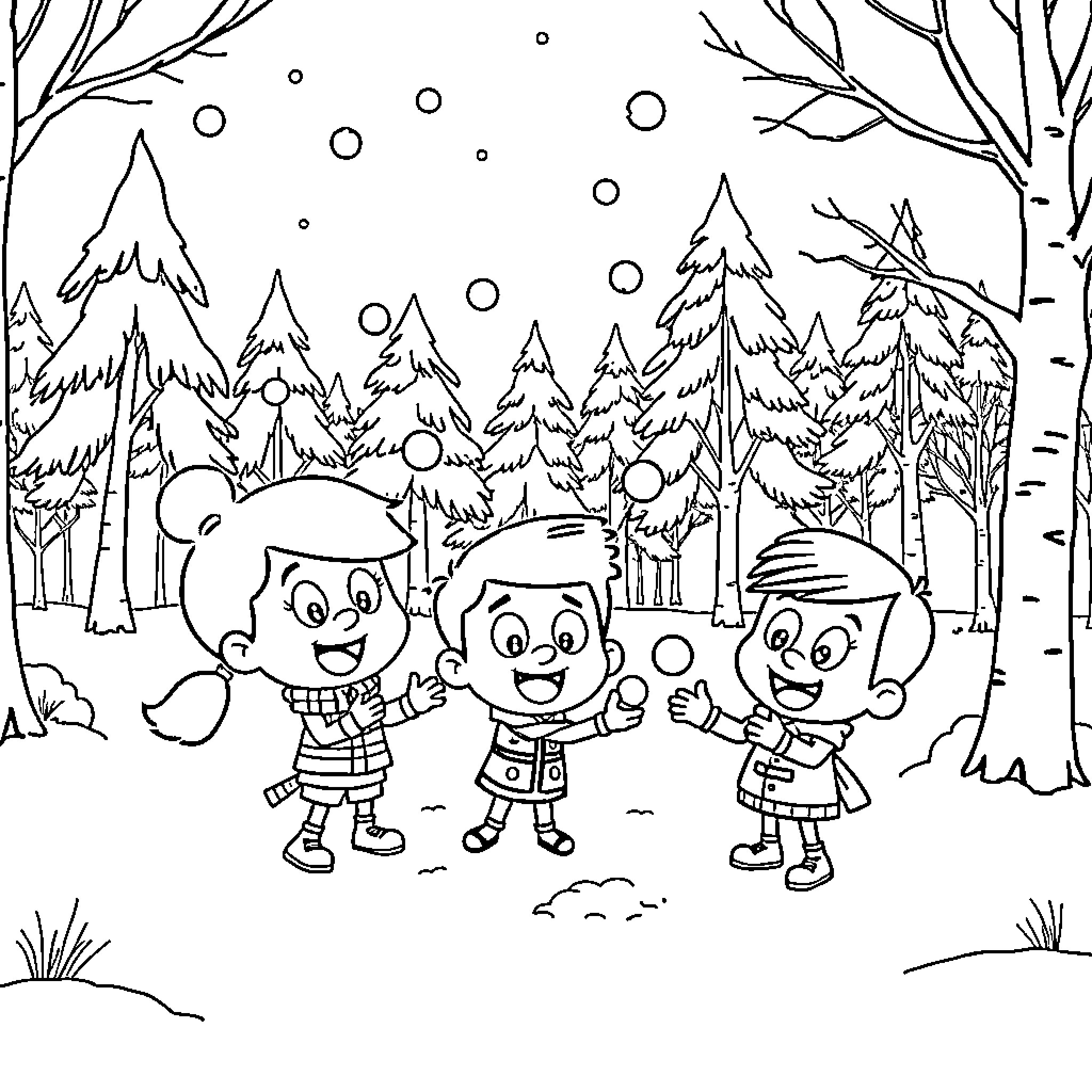 Loud House Characters Playing in the Snowy Forest Coloring Page (free black-and-white line drawing printable PDF for all, from beginners to advanced learners, including children, teens, adults, and seniors)