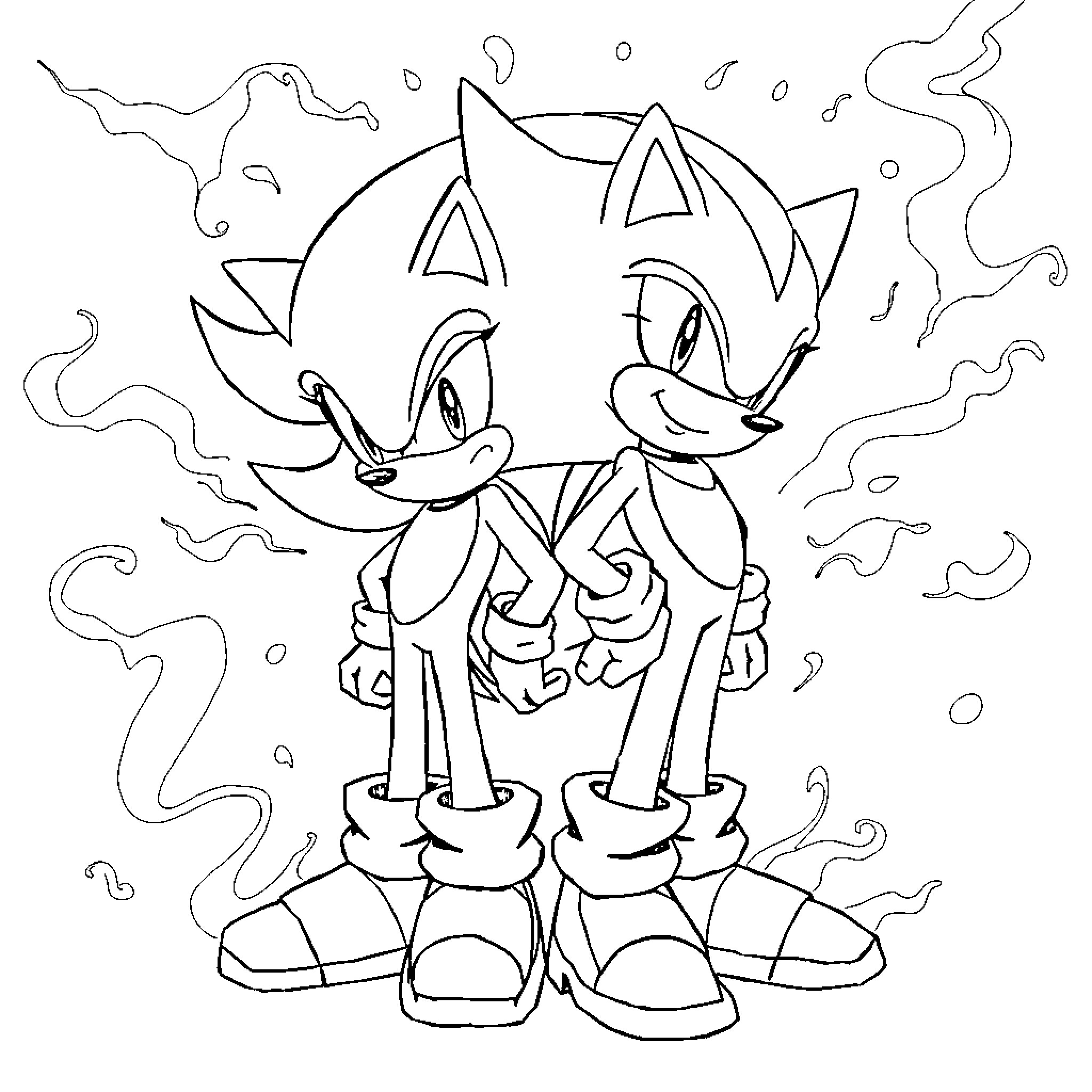 Sonic and Friend in Energetic Pose Coloring Page (free black-and-white line drawing printable PDF for all, from beginners to advanced learners, including children, teens, adults, and seniors)