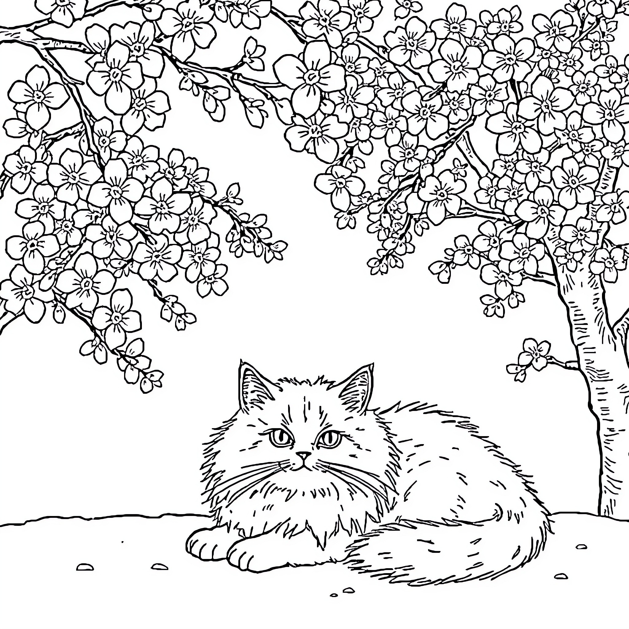Cat relaxing under blooming tree Coloring Page (free black-and-white line drawing printable PDF for all, from beginners to advanced learners, including children, teens, adults, and seniors)