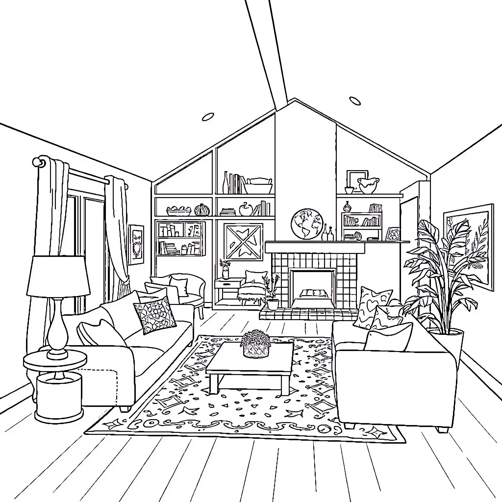 Bedroom with Cozy Living Room Setting Coloring Page (free black-and-white line drawing printable PDF for all, from beginners to advanced learners, including children, teens, adults, and seniors)