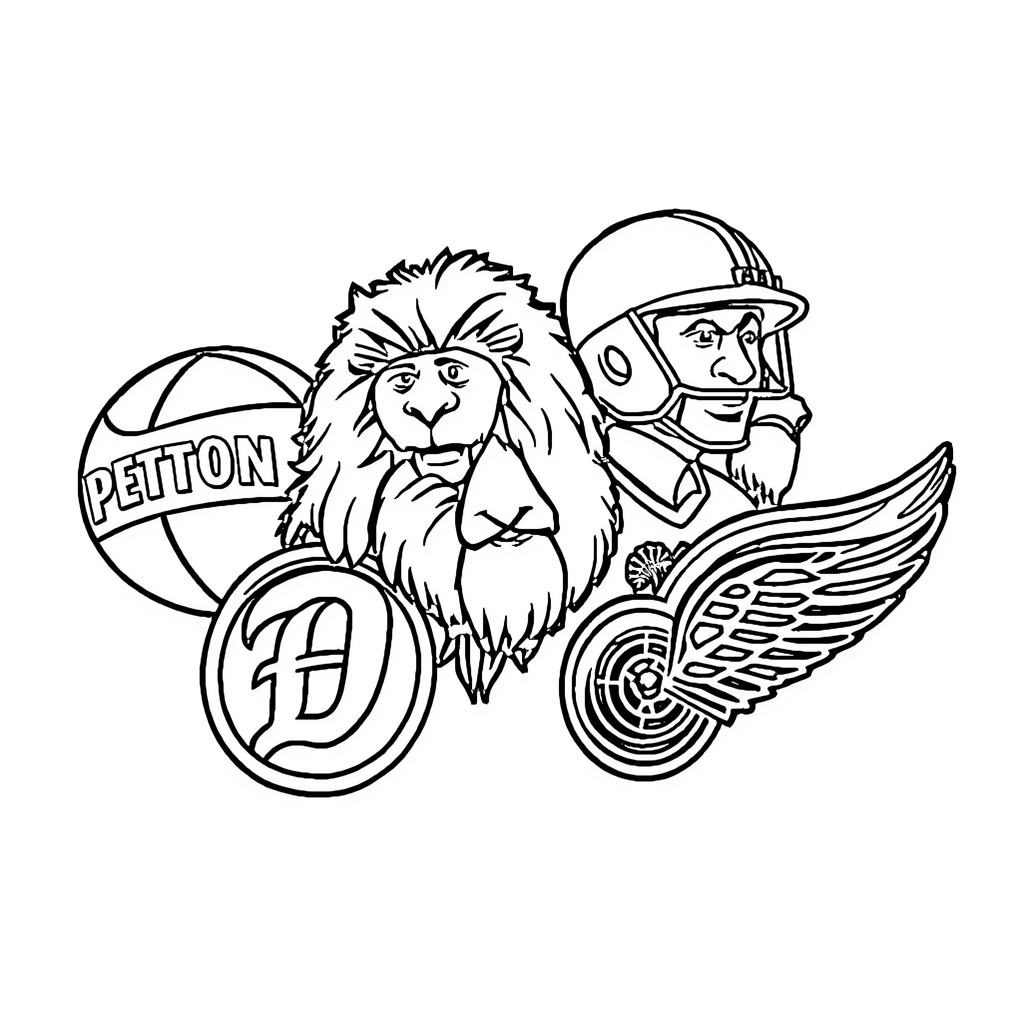 Sports Teams Competing with Mascot Characters Coloring Page (free black-and-white line drawing printable PDF for all, from beginners to advanced learners, including children, teens, adults, and seniors)