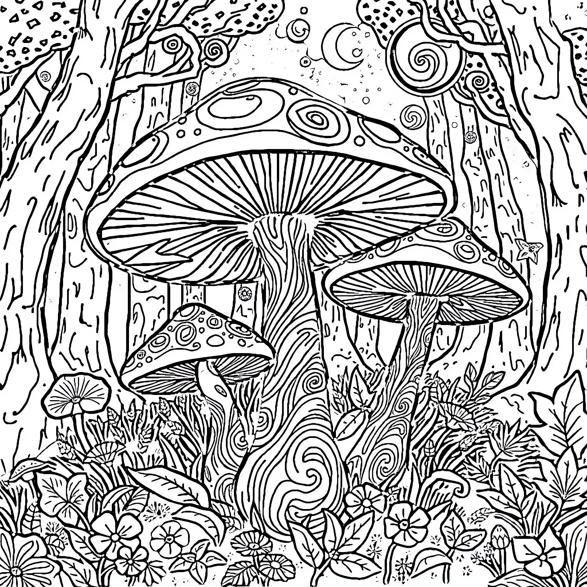 Mushroom Wonderland in Whimsical Forest Coloring Page (free black-and-white line drawing printable PDF for all, from beginners to advanced learners, including children, teens, adults, and seniors)