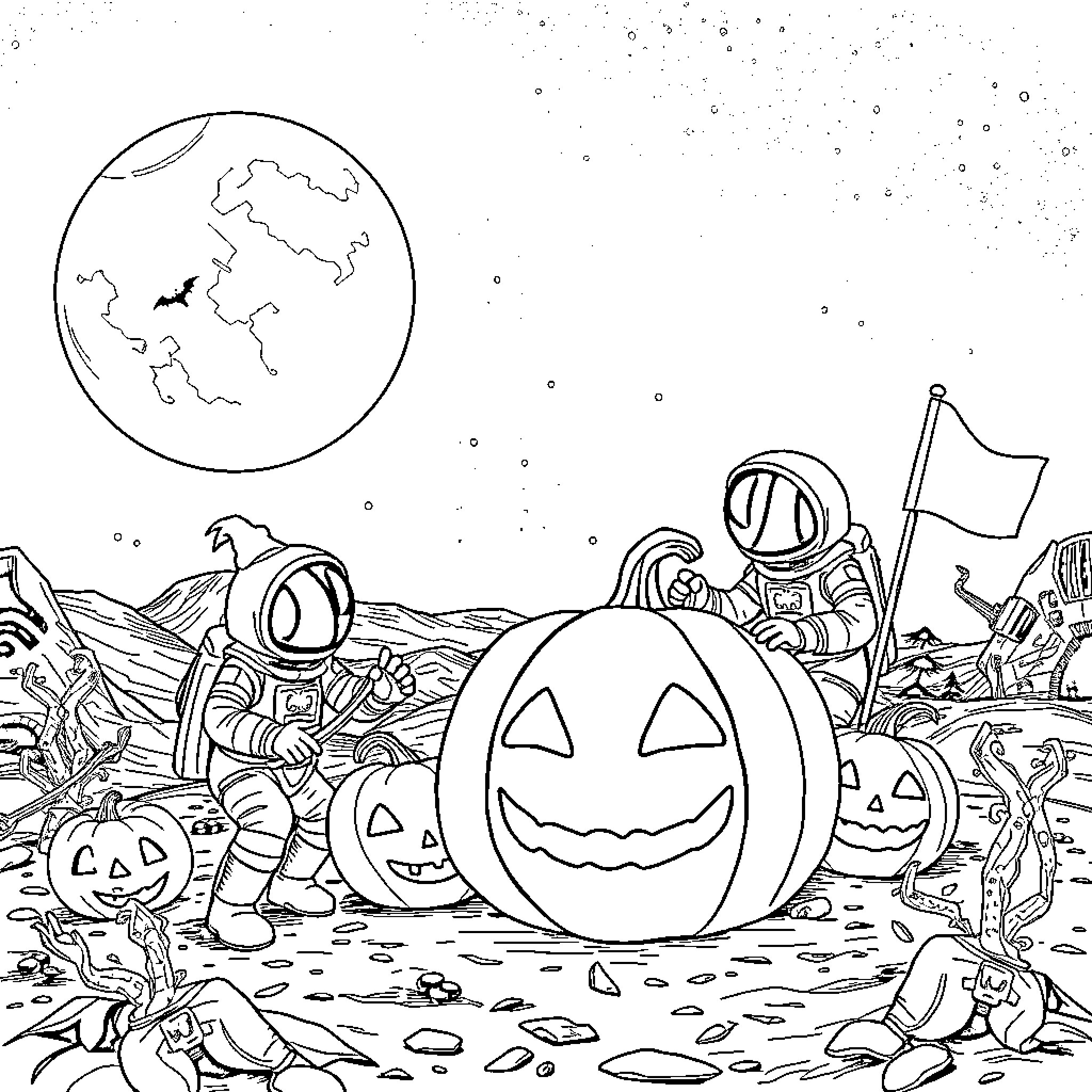 Halloween space explorers discover pumpkins on distant planet Coloring Page (free black-and-white line drawing printable PDF for all, from beginners to advanced learners, including children, teens, adults, and seniors)