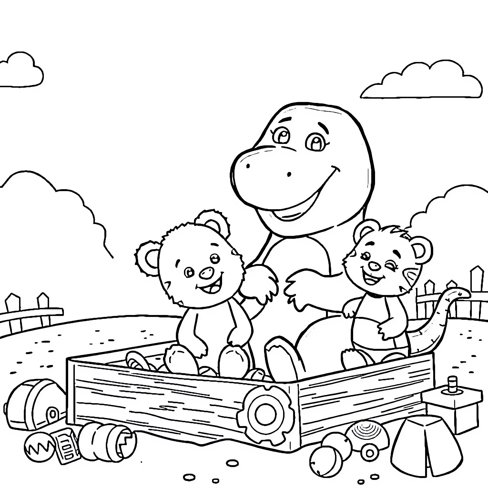 Bluey playing with friends in a wagon Coloring Page (free black-and-white line drawing printable PDF for all, from beginners to advanced learners, including children, teens, adults, and seniors)