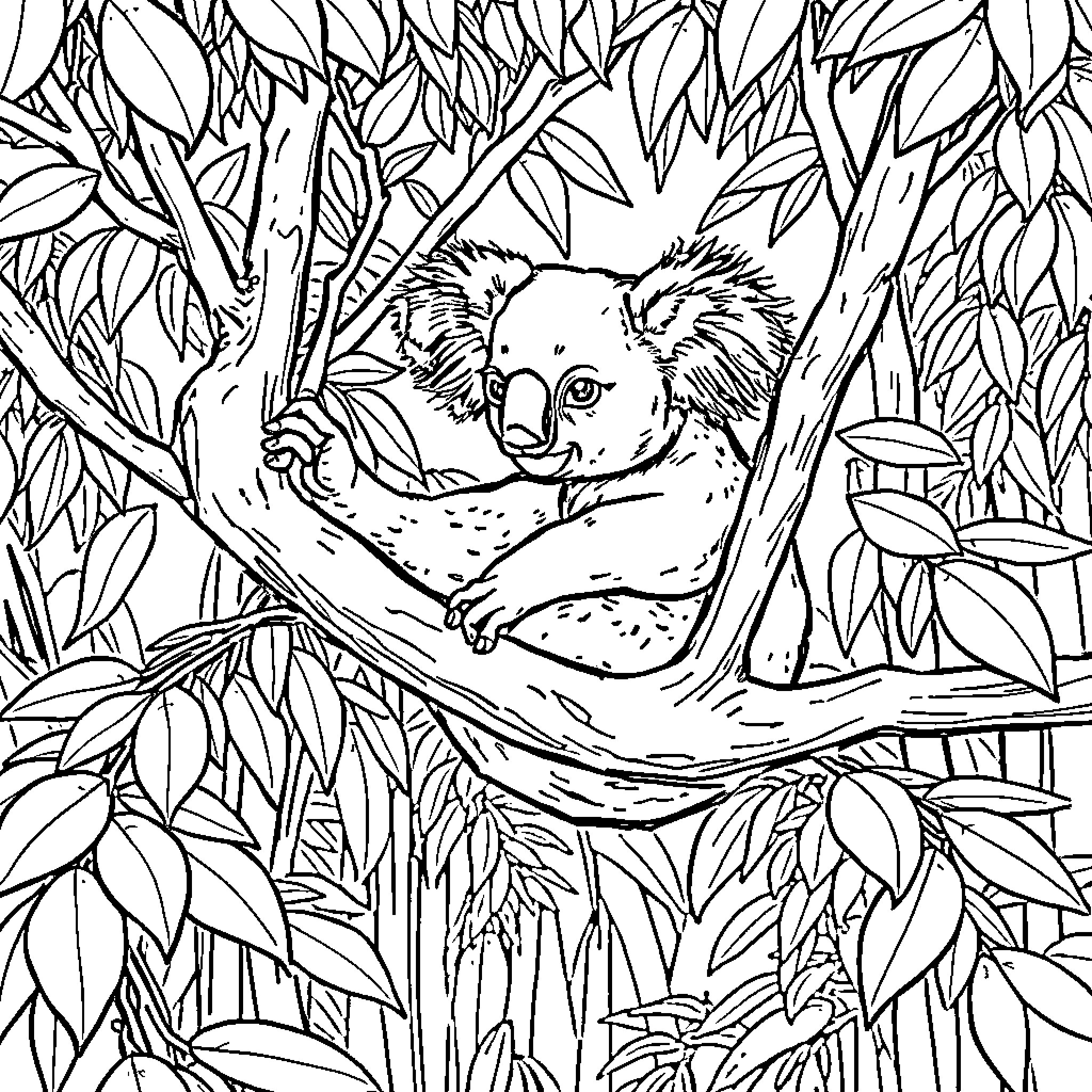 Koala resting peacefully in a leafy tree Coloring Page (free black-and-white line drawing printable PDF for all, from beginners to advanced learners, including children, teens, adults, and seniors)
