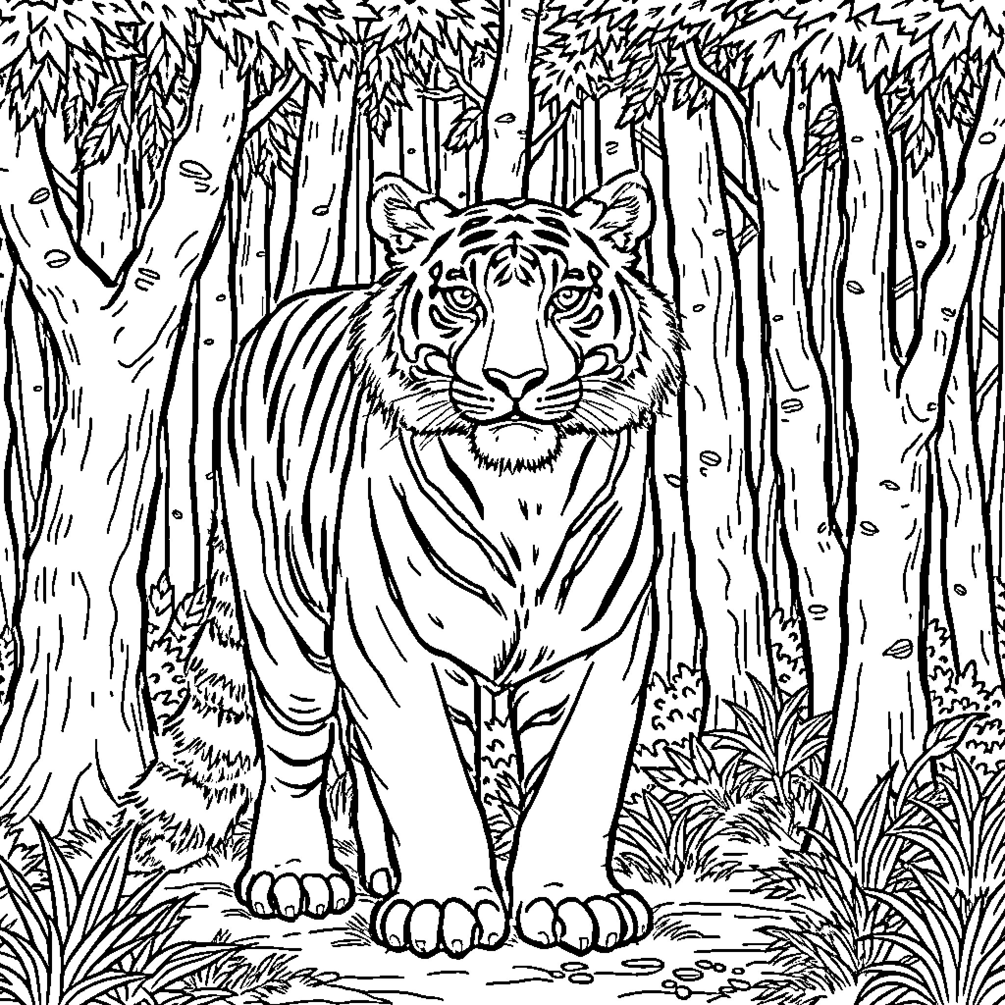 Tiger Stalking in Dense Jungle Coloring Page (free black-and-white line drawing printable PDF for all, from beginners to advanced learners, including children, teens, adults, and seniors)