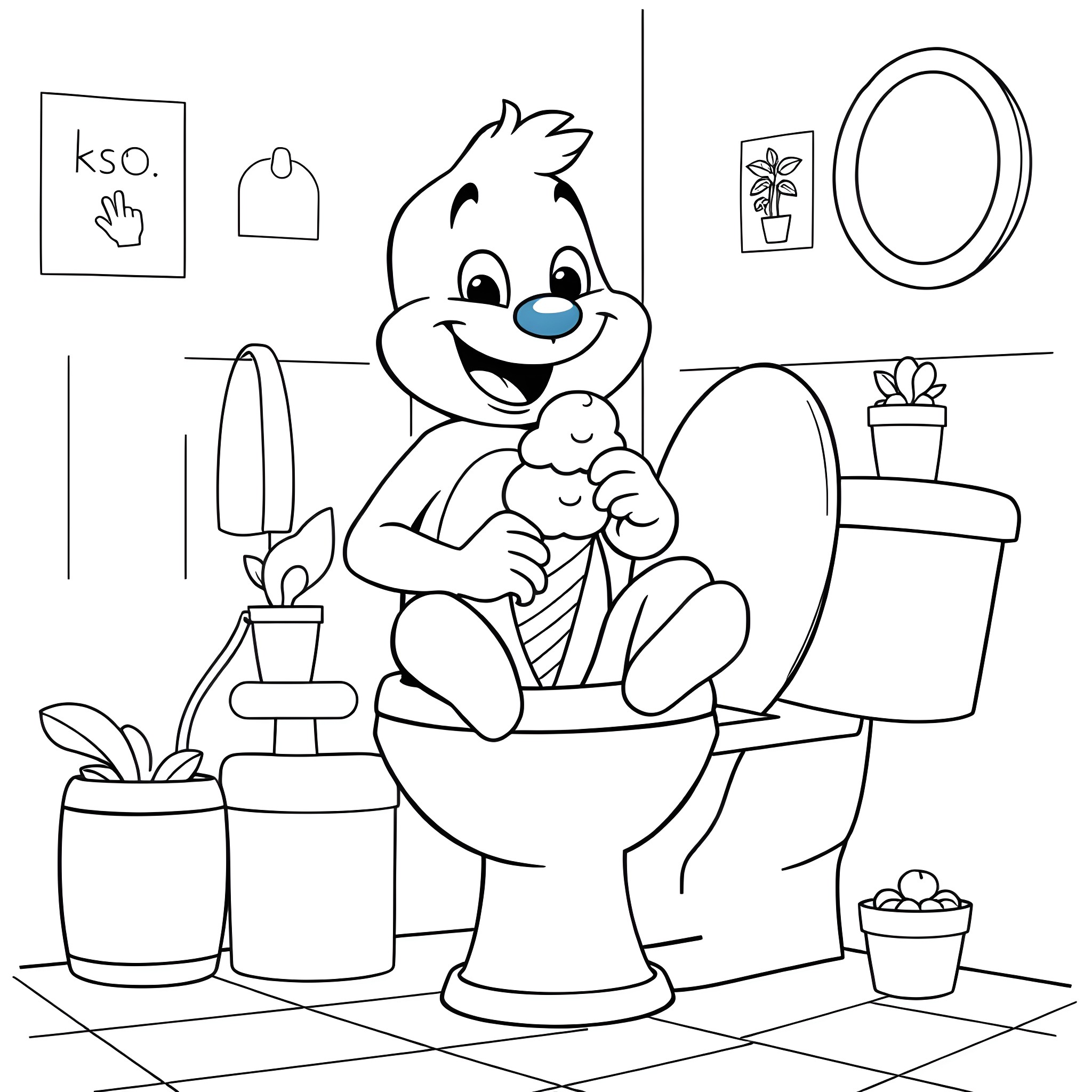 Bluey in Funny Bathroom Adventure Coloring Page (free black-and-white line drawing printable PDF for all, from beginners to advanced learners, including children, teens, adults, and seniors)