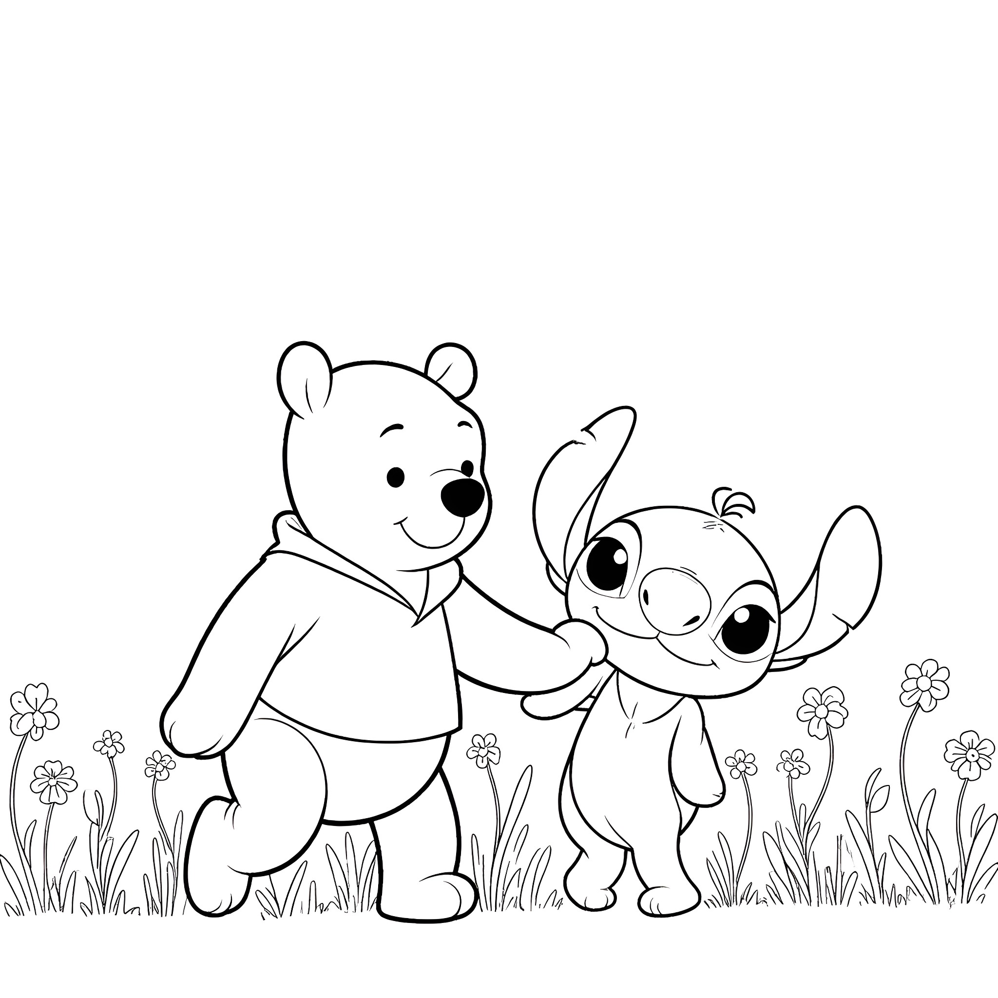 Pooh Bear and Stitch playing in the field Coloring Page (free black-and-white line drawing printable PDF for all, from beginners to advanced learners, including children, teens, adults, and seniors)