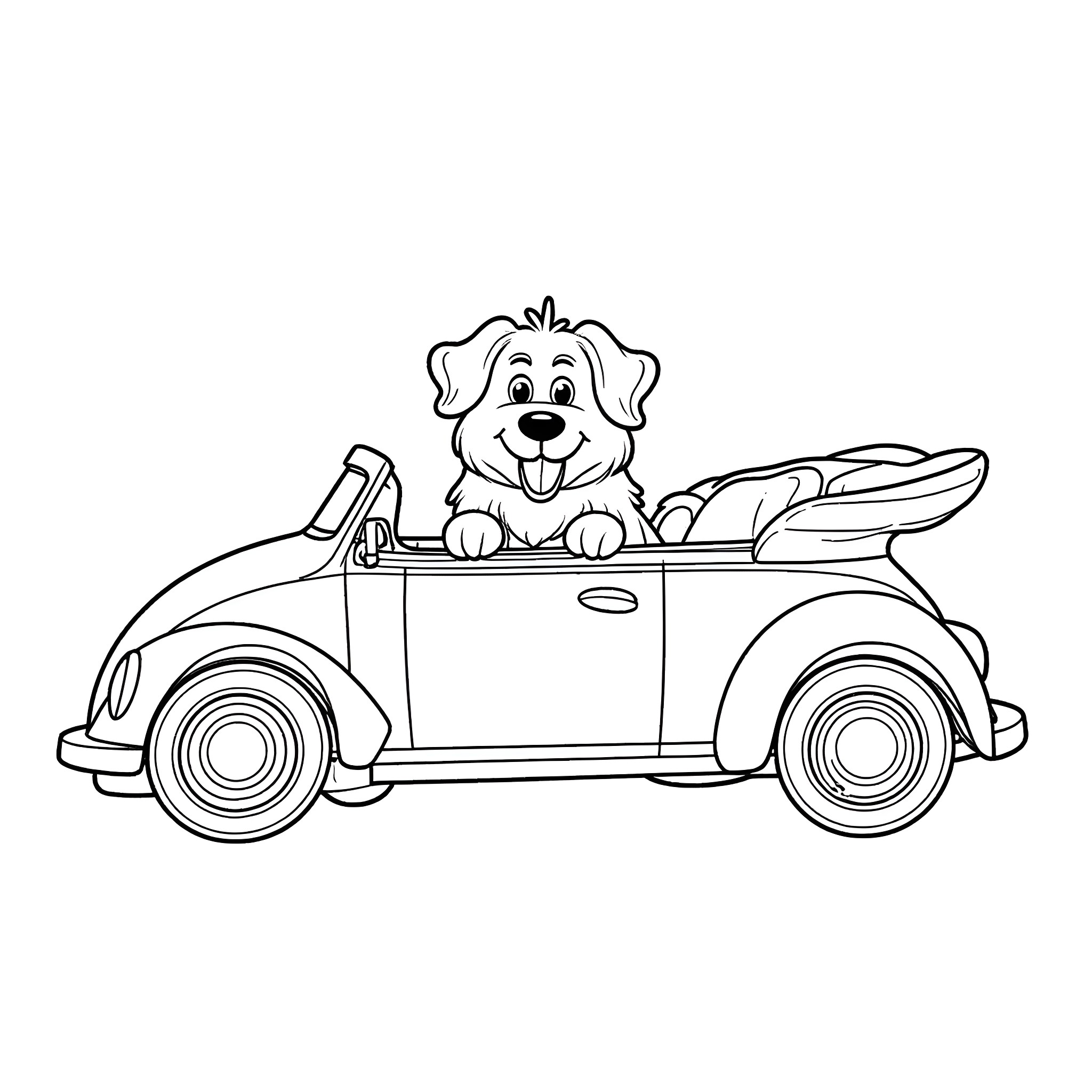Hund enjoying a ride in an old car Coloring Page (free black-and-white line drawing printable PDF for all, from beginners to advanced learners, including children, teens, adults, and seniors)