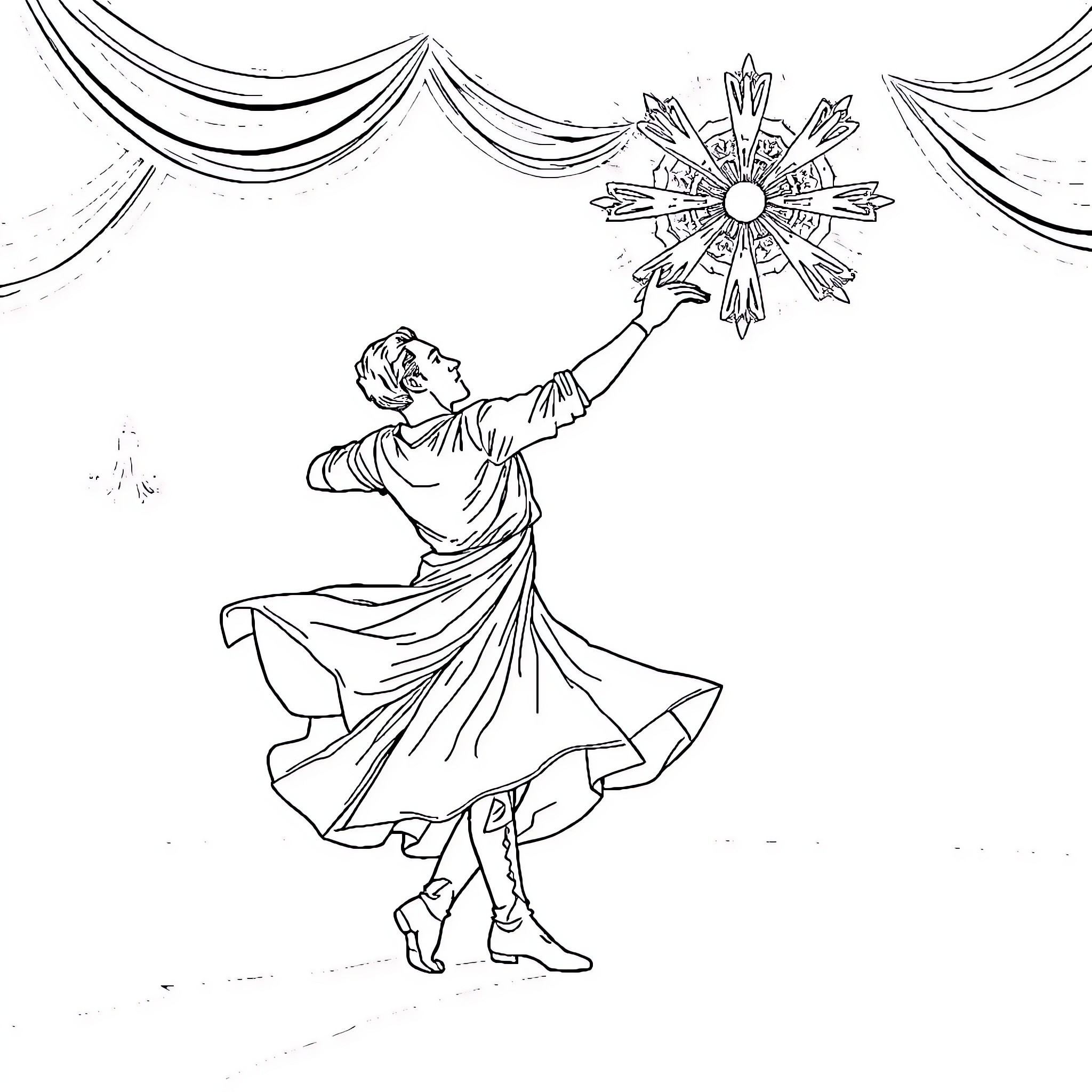 Man performing dance with elaborate costume Coloring Page (free black-and-white line drawing printable PDF for all, from beginners to advanced learners, including children, teens, adults, and seniors)