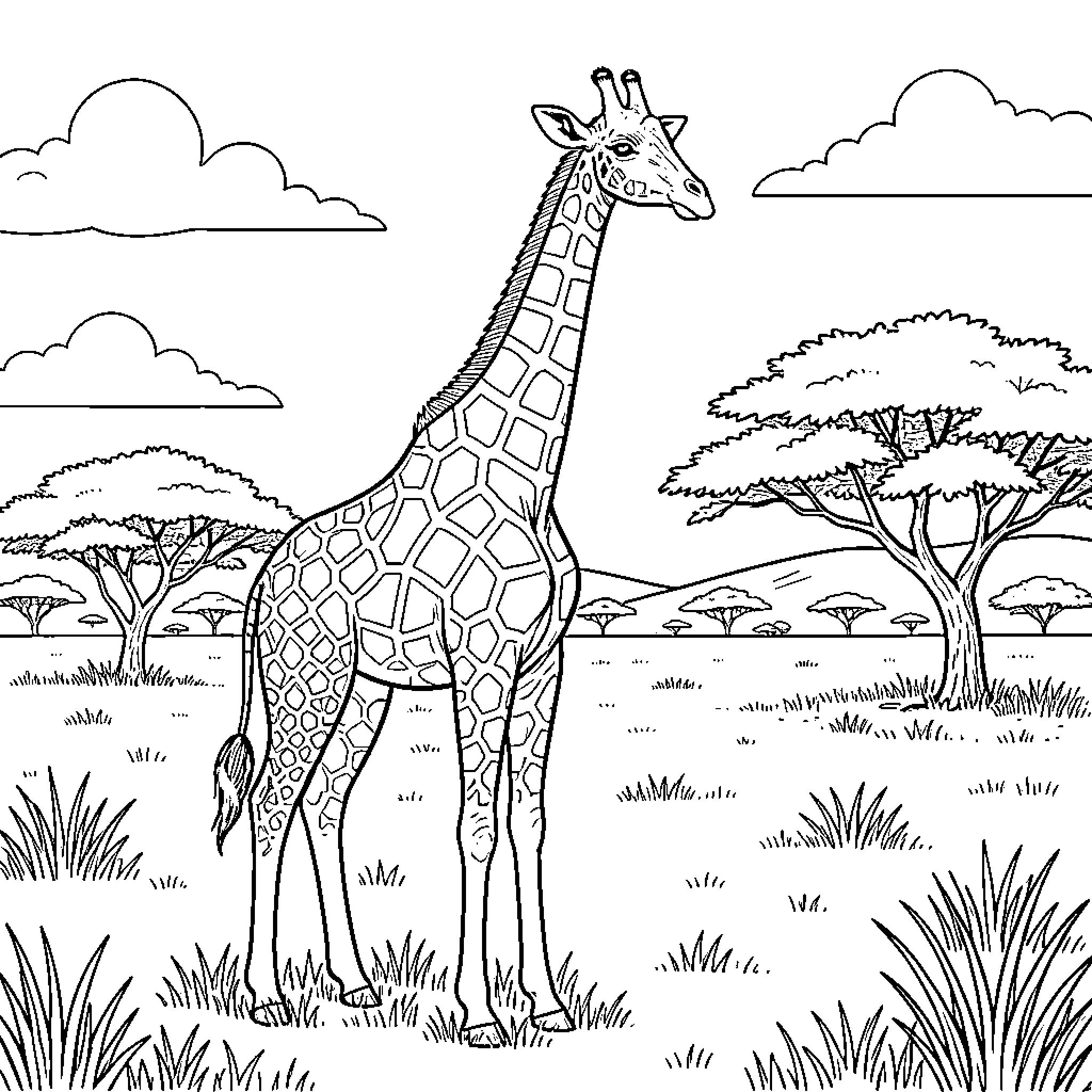 Giraffe standing peacefully in a vast savanna landscape Coloring Page (free black-and-white line drawing printable PDF for all, from beginners to advanced learners, including children, teens, adults, and seniors)
