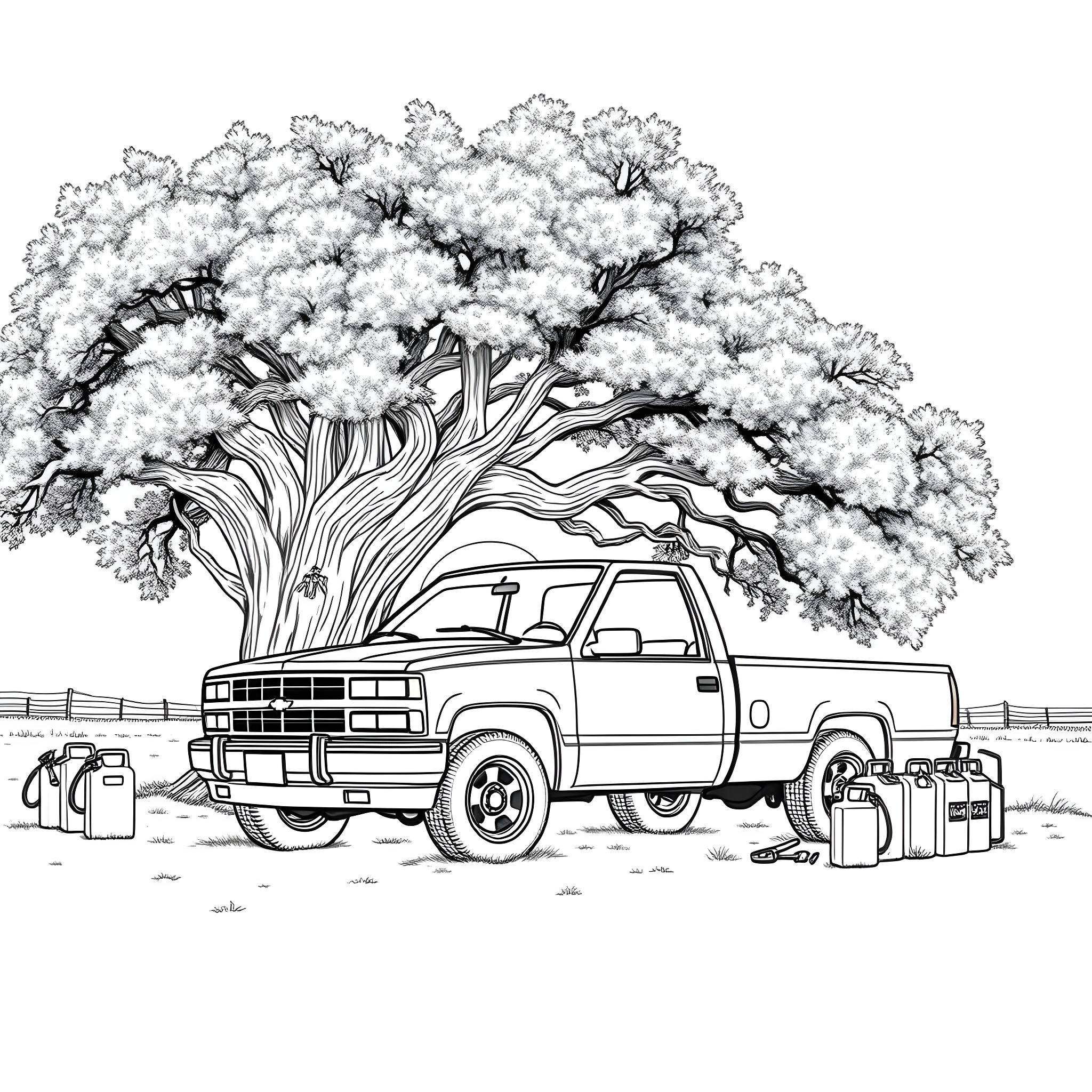 Chevy truck under a large tree in the countryside Coloring Page (free black-and-white line drawing printable PDF for all, from beginners to advanced learners, including children, teens, adults, and seniors)