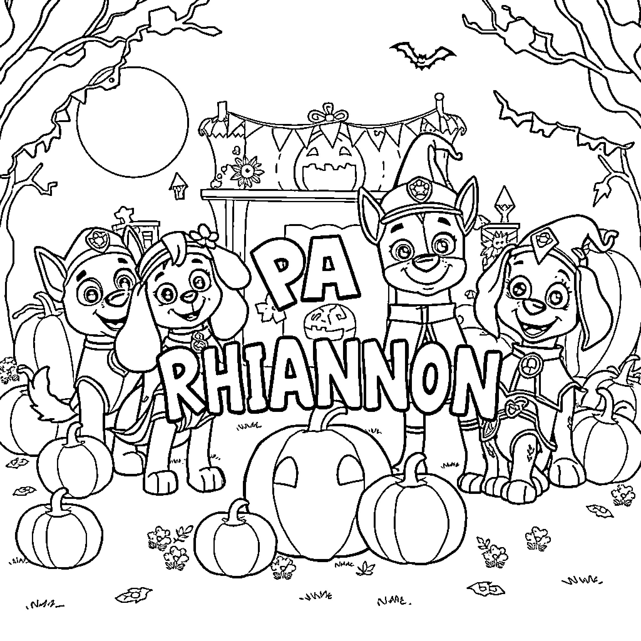 Paw Patrol Characters Celebrating Halloween Coloring Page (free black-and-white line drawing printable PDF for all, from beginners to advanced learners, including children, teens, adults, and seniors)