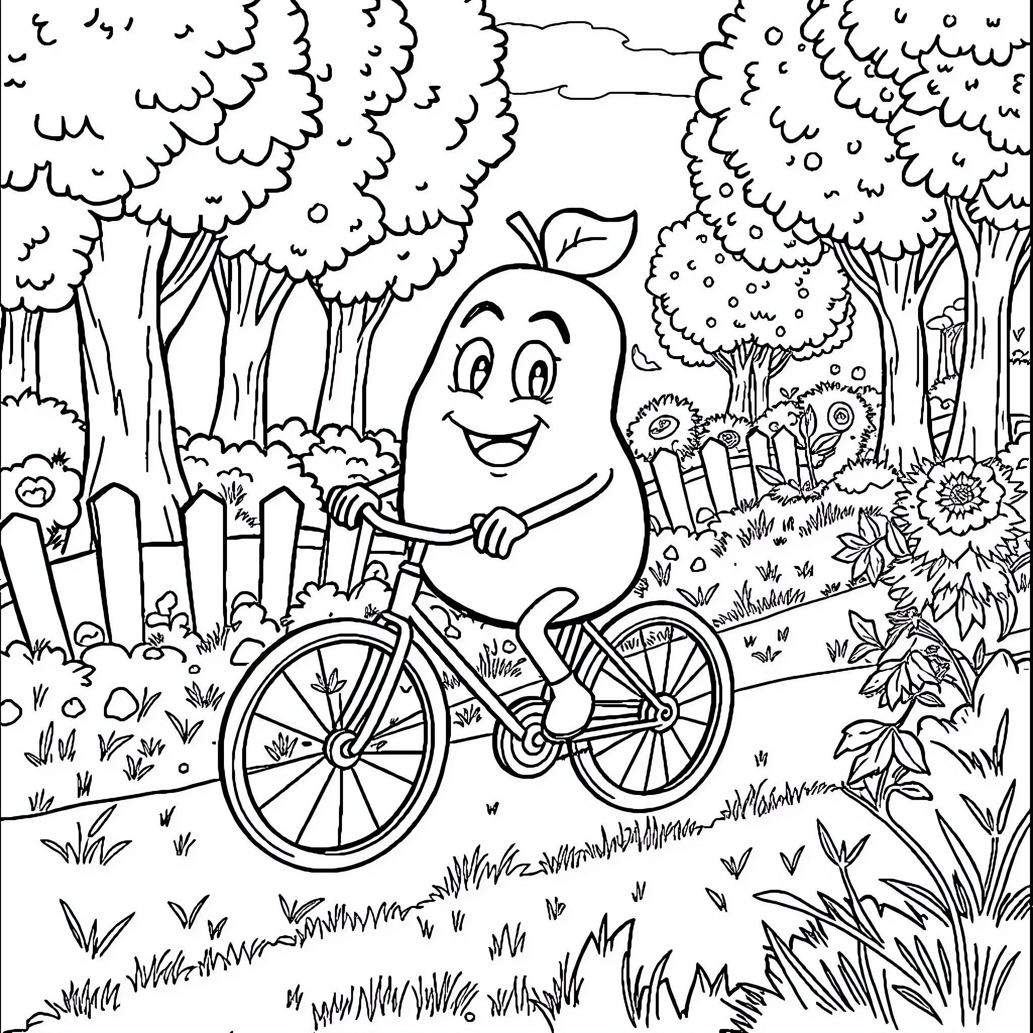Potato character riding bicycle in the countryside Coloring Page (free black-and-white line drawing printable PDF for all, from beginners to advanced learners, including children, teens, adults, and seniors)