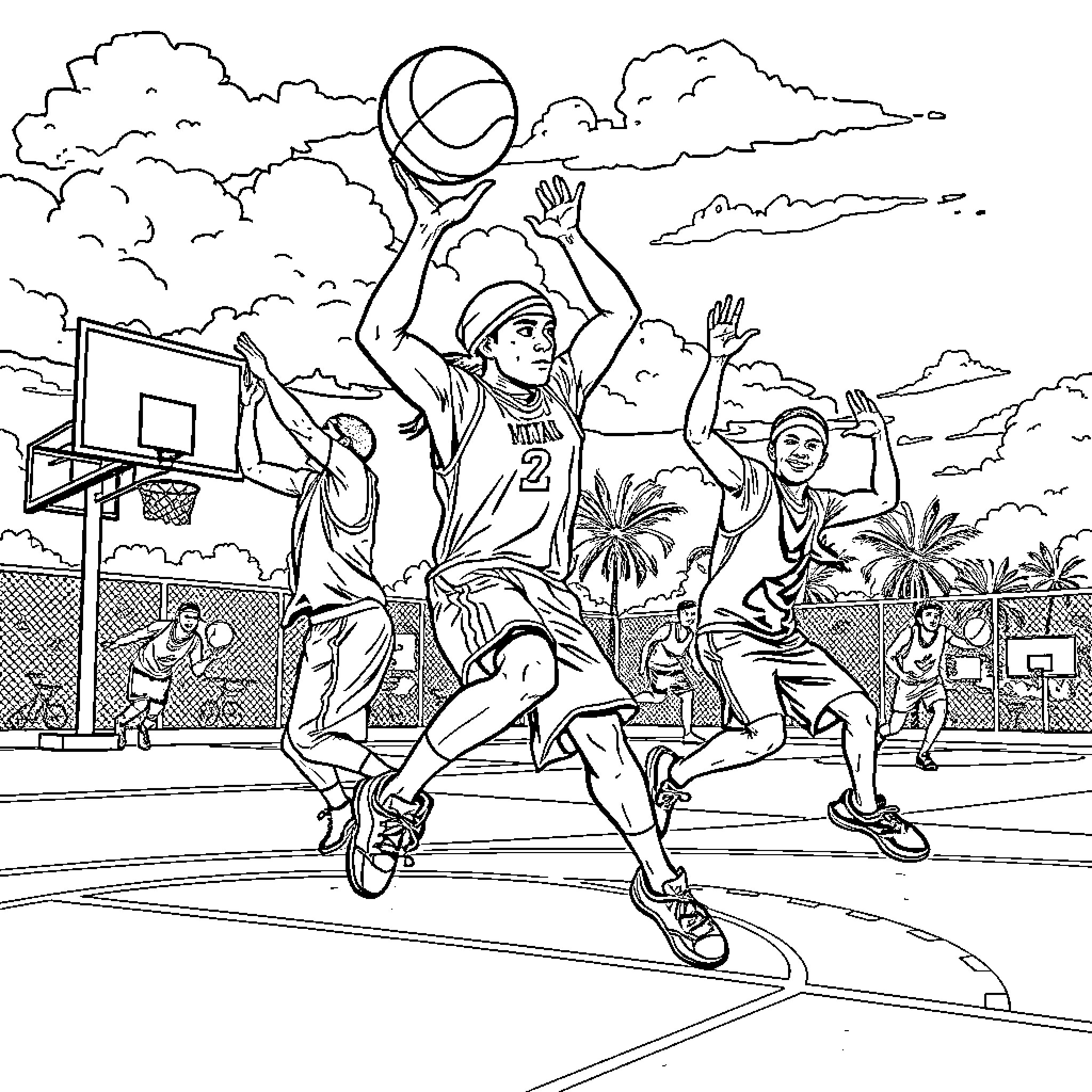 Ninja Basketball Players in Outdoor Court Coloring Page (free black-and-white line drawing printable PDF for all, from beginners to advanced learners, including children, teens, adults, and seniors)