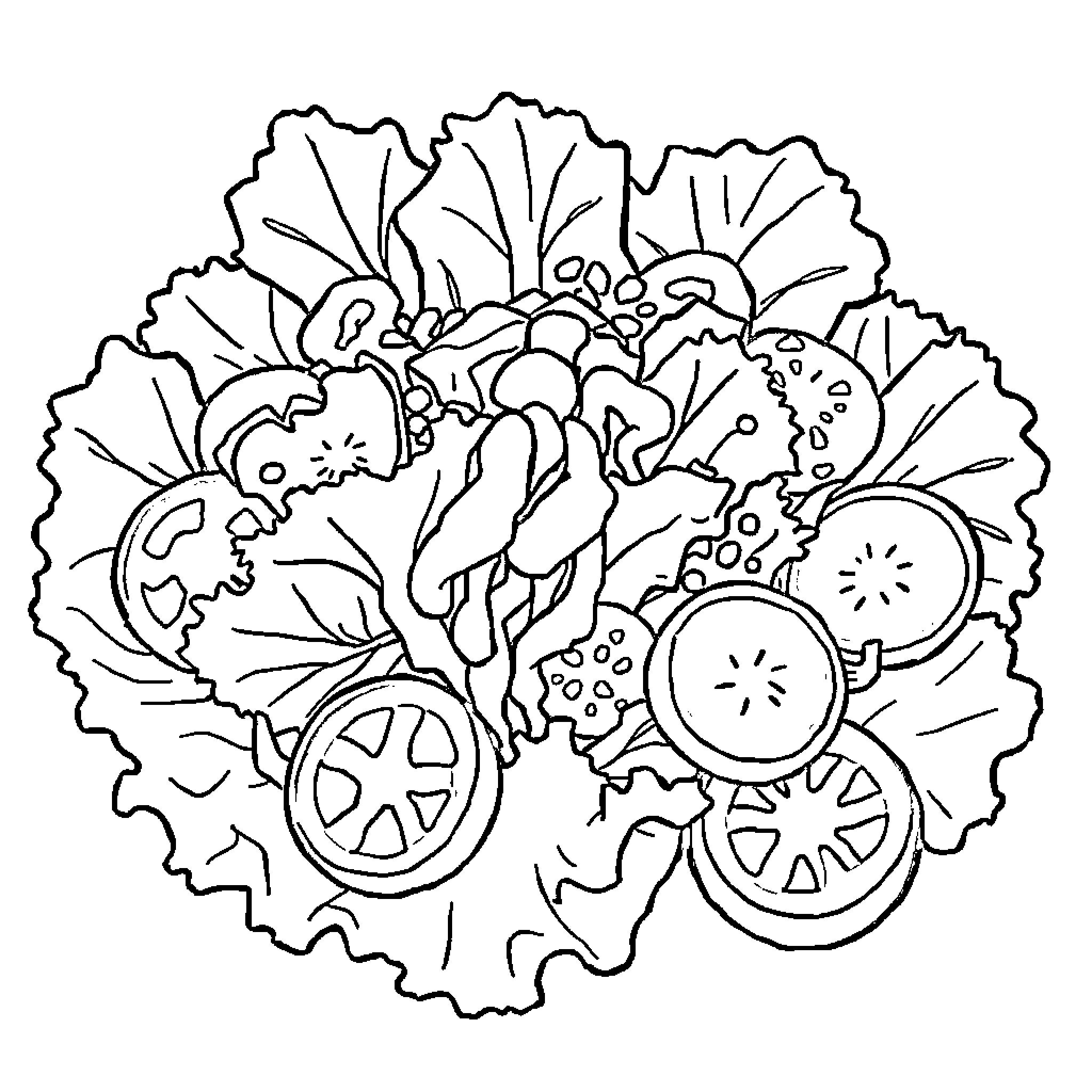 Salad of fresh vegetables and herbs Coloring Page (free black-and-white line drawing printable PDF for all, from beginners to advanced learners, including children, teens, adults, and seniors)