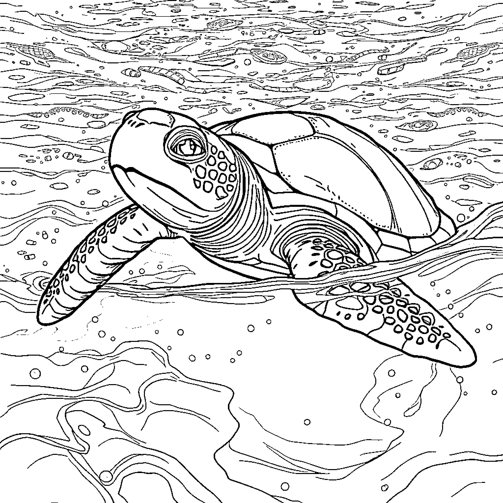 Turtle swimming gracefully in the ocean Coloring Page (free black-and-white line drawing printable PDF for all, from beginners to advanced learners, including children, teens, adults, and seniors)