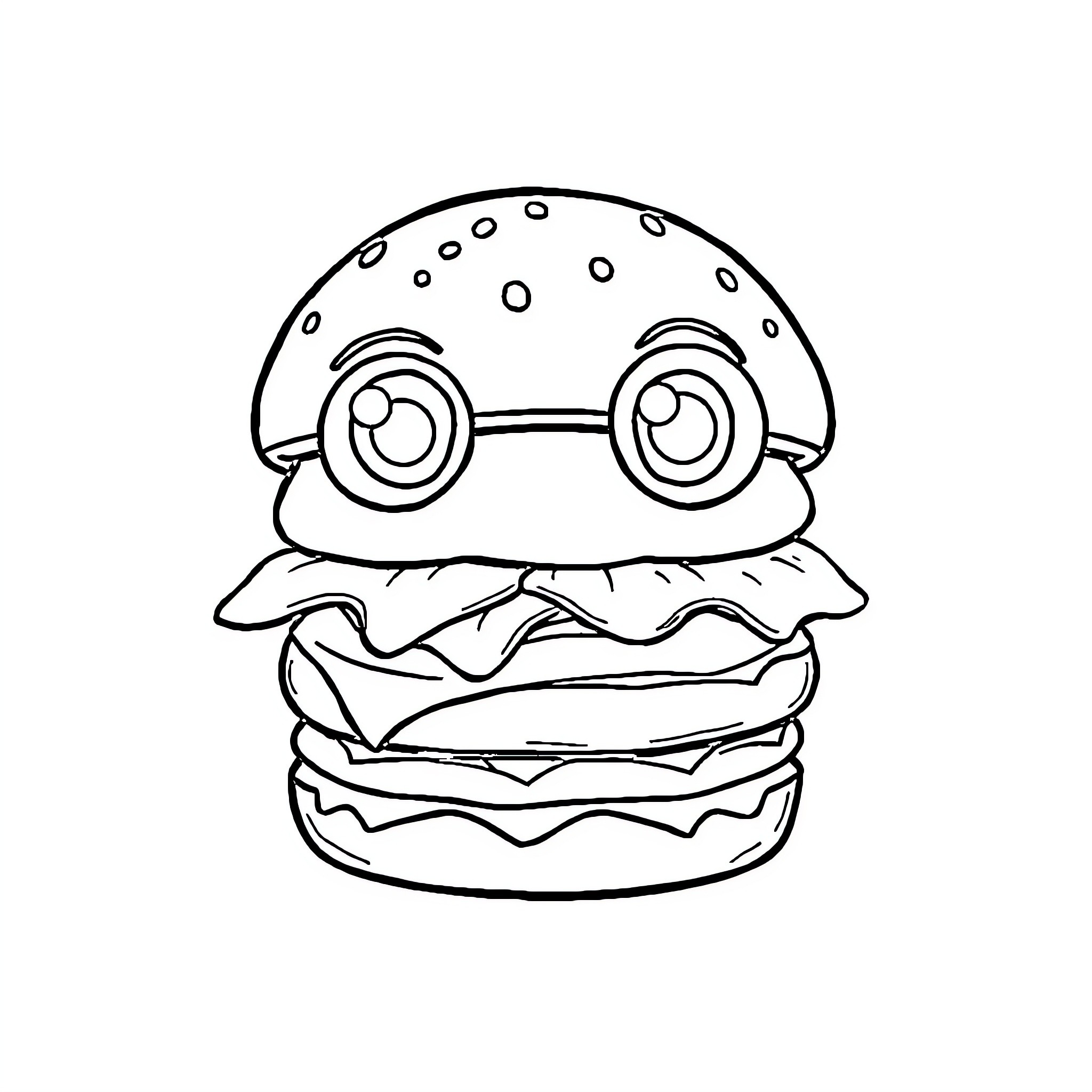 Hamburger cartoon character with eyes and expression Coloring Page (free black-and-white line drawing printable PDF for all, from beginners to advanced learners, including children, teens, adults, and seniors)