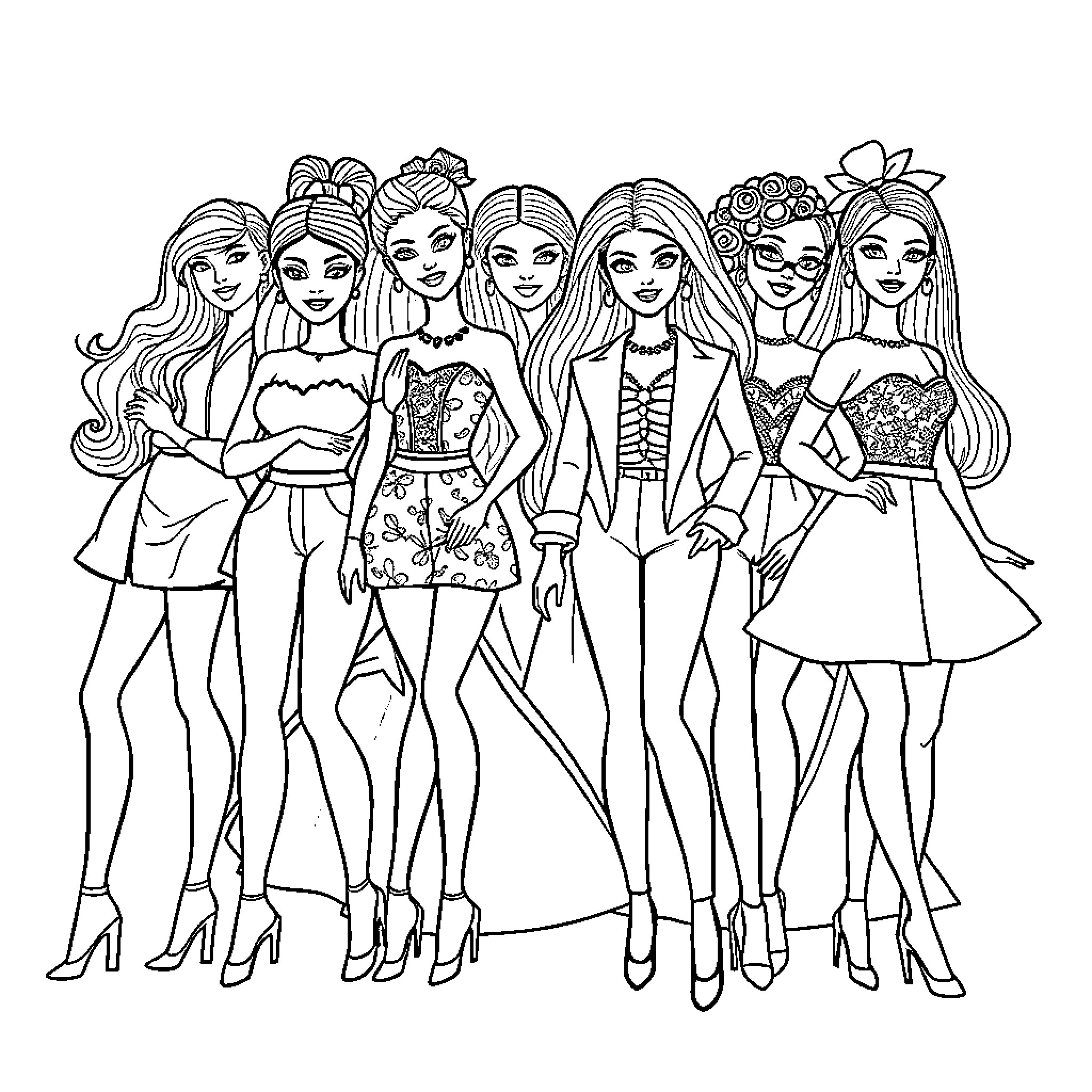 Barbie and Friends Dressed in Fashionable Outfits Coloring Page (free black-and-white line drawing printable PDF for all, from beginners to advanced learners, including children, teens, adults, and seniors)