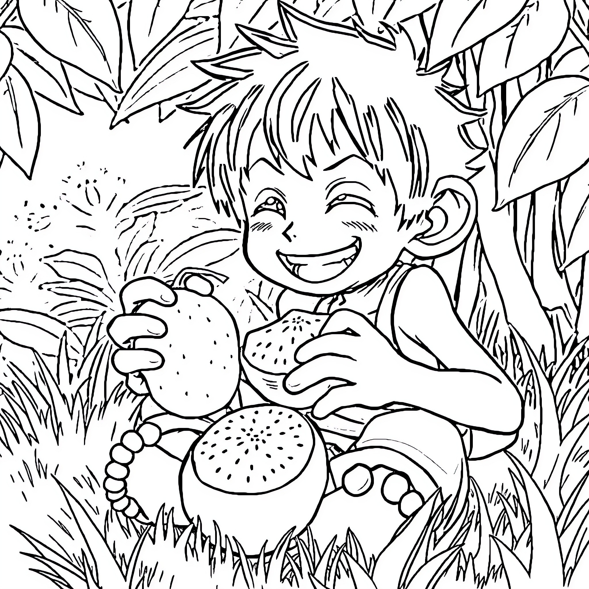 Monkey D Luffy enjoying a snack in the wilderness Coloring Page (free black-and-white line drawing printable PDF for all, from beginners to advanced learners, including children, teens, adults, and seniors)
