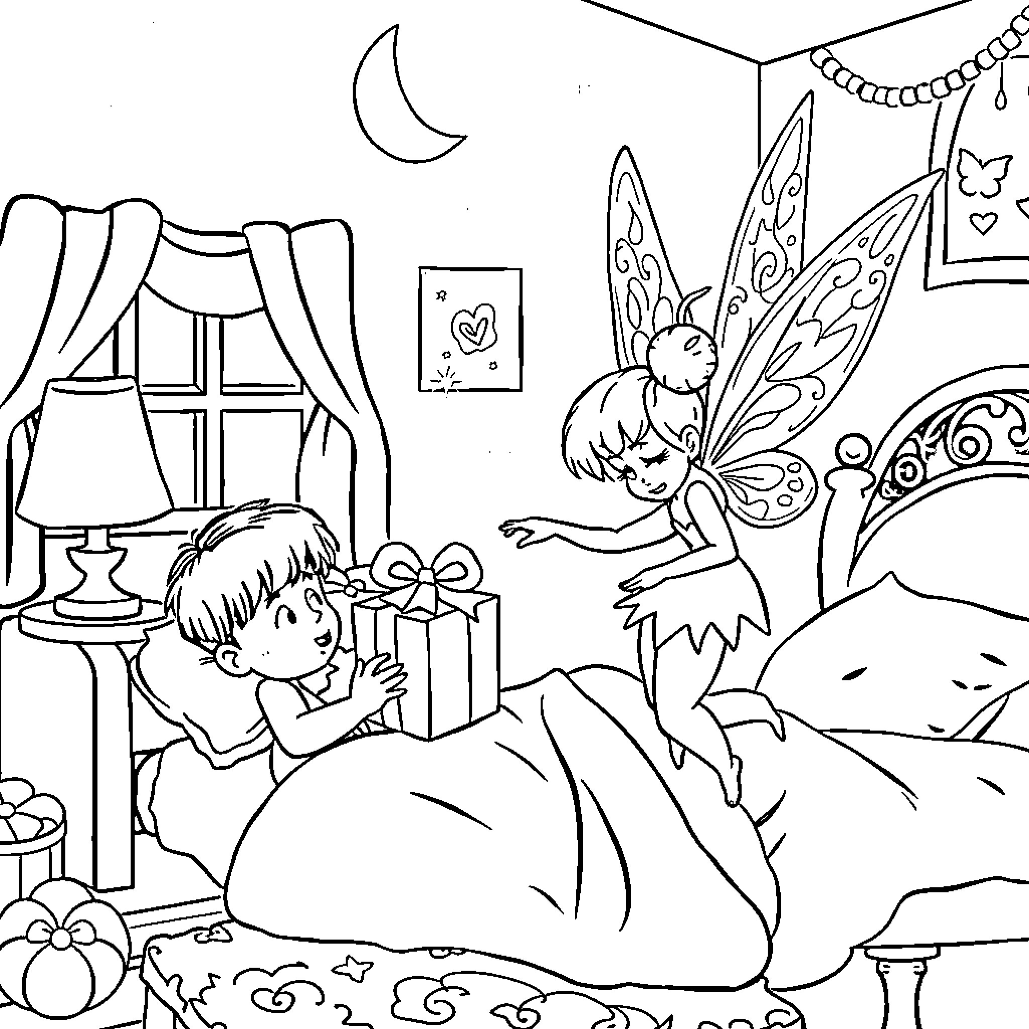 Tinkerbell visiting a sleeping child on a moonlit night Coloring Page (free black-and-white line drawing printable PDF for all, from beginners to advanced learners, including children, teens, adults, and seniors)