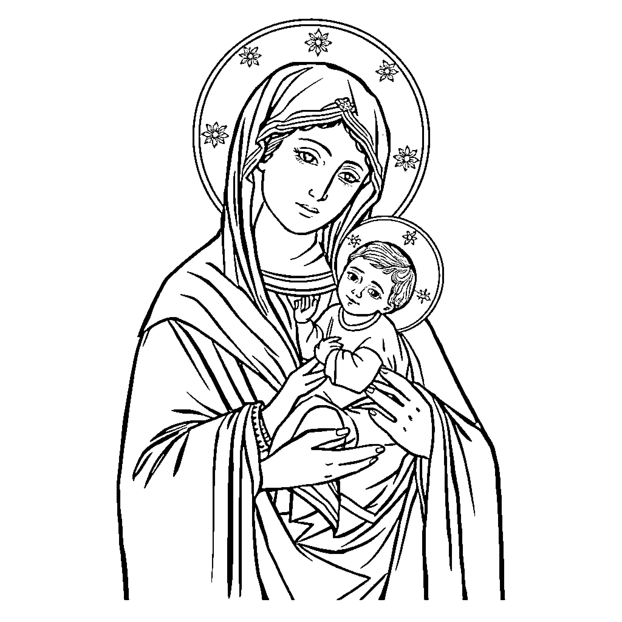 Theotokos with child in her arms Coloring Page (free black-and-white line drawing printable PDF for all, from beginners to advanced learners, including children, teens, adults, and seniors)