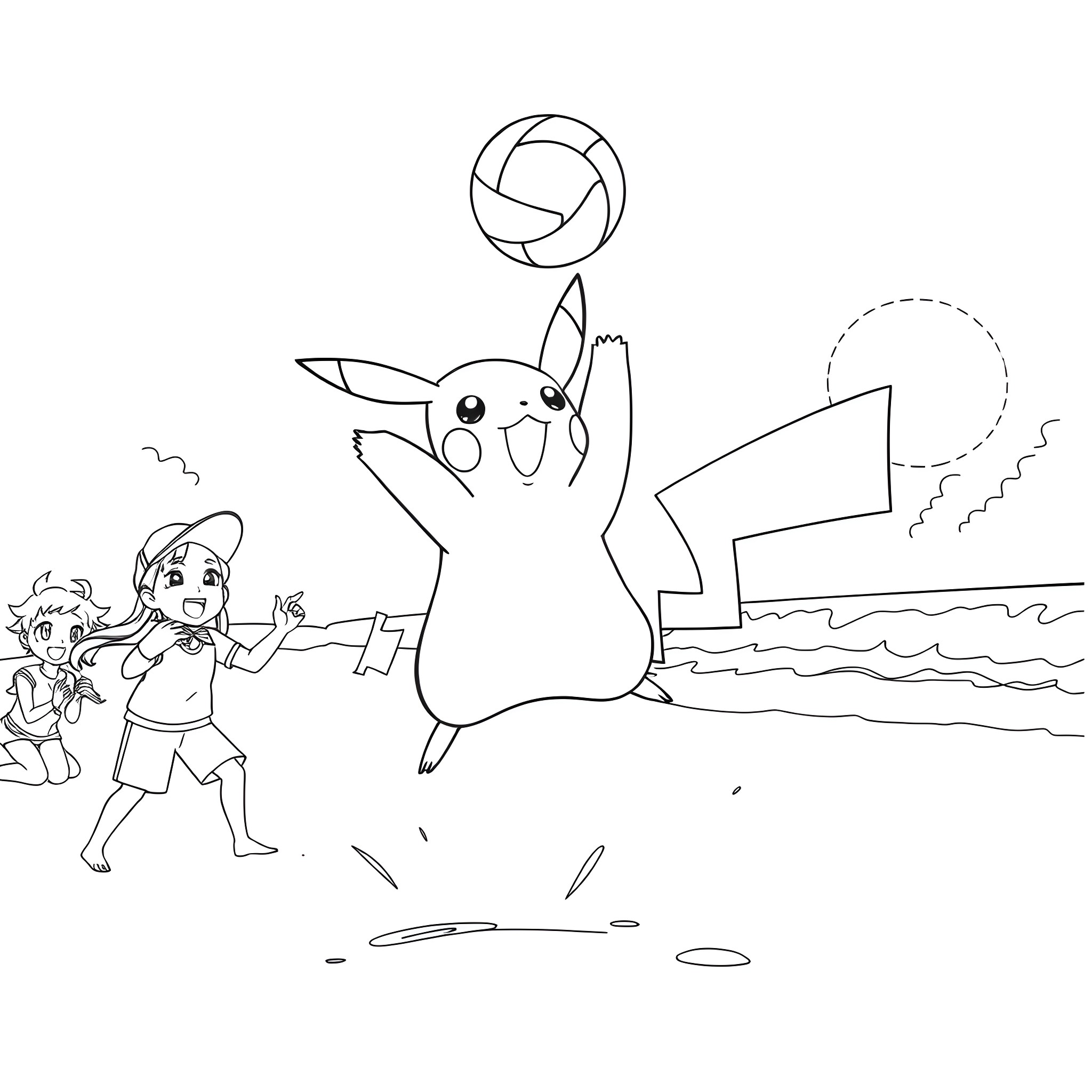 Pikachu playing volleyball with children on the beach Coloring Page (free black-and-white line drawing printable PDF for all, from beginners to advanced learners, including children, teens, adults, and seniors)