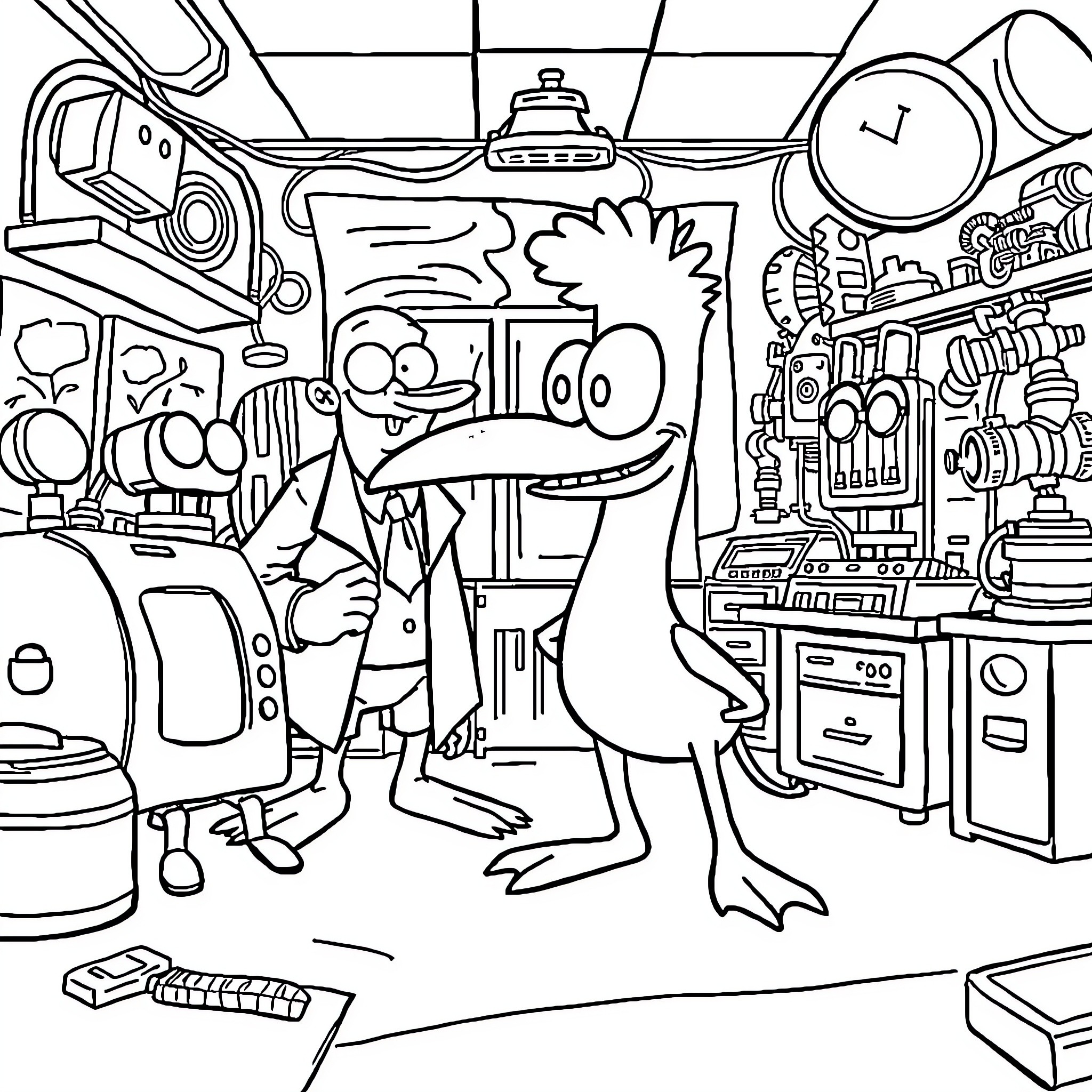 Perry the Platypus in a cluttered workshop environment Coloring Page (free black-and-white line drawing printable PDF for all, from beginners to advanced learners, including children, teens, adults, and seniors)