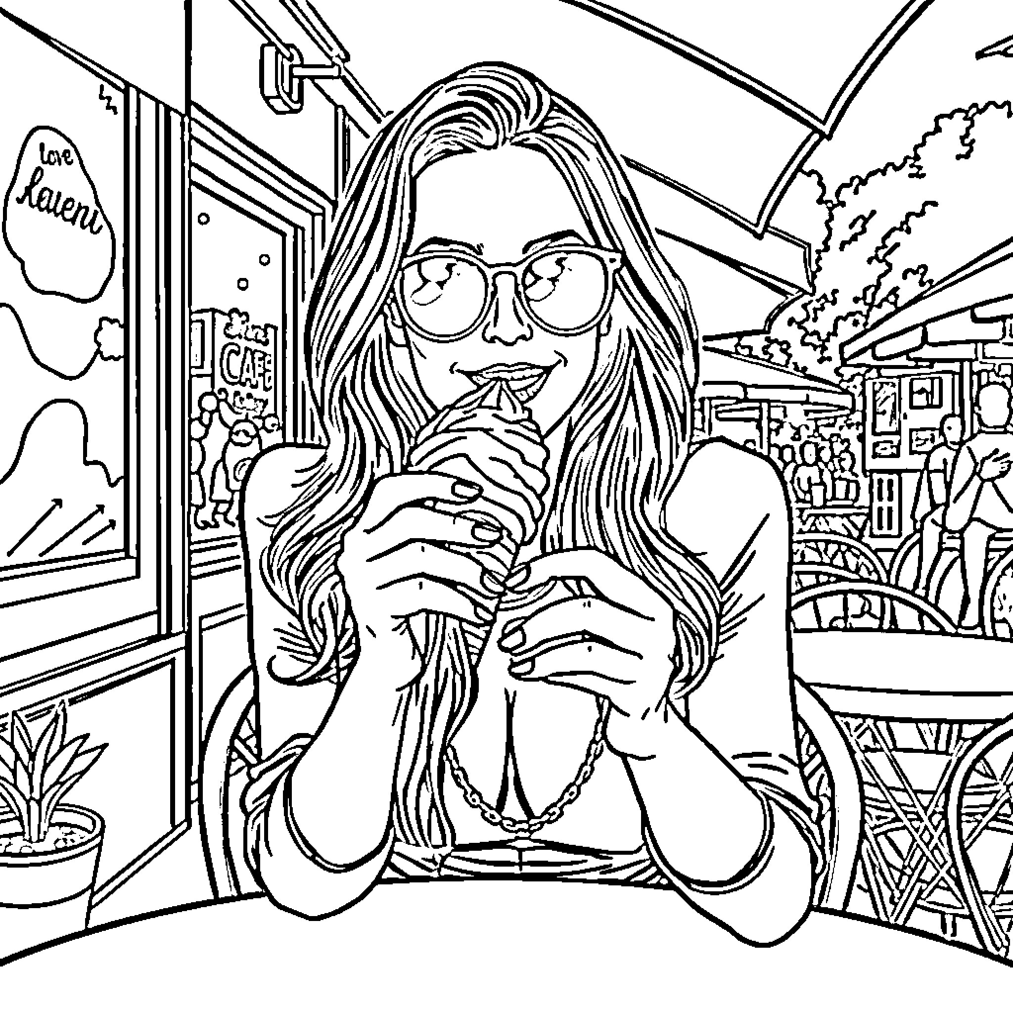Megan Fox enjoying a drink at a cafe Coloring Page (free black-and-white line drawing printable PDF for all, from beginners to advanced learners, including children, teens, adults, and seniors)