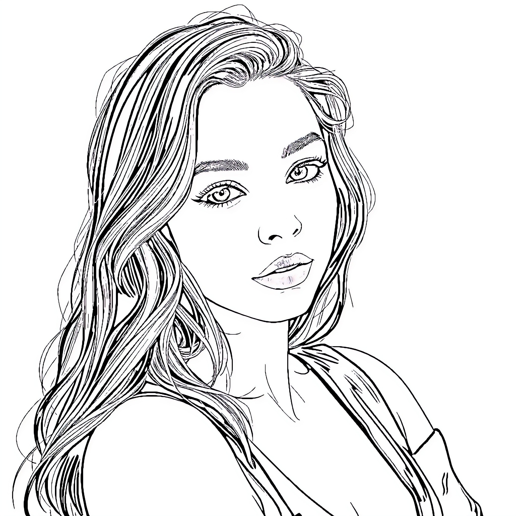 Sydney Sweeney's Thoughtful Expression Coloring Page (free black-and-white line drawing printable PDF for all, from beginners to advanced learners, including children, teens, adults, and seniors)