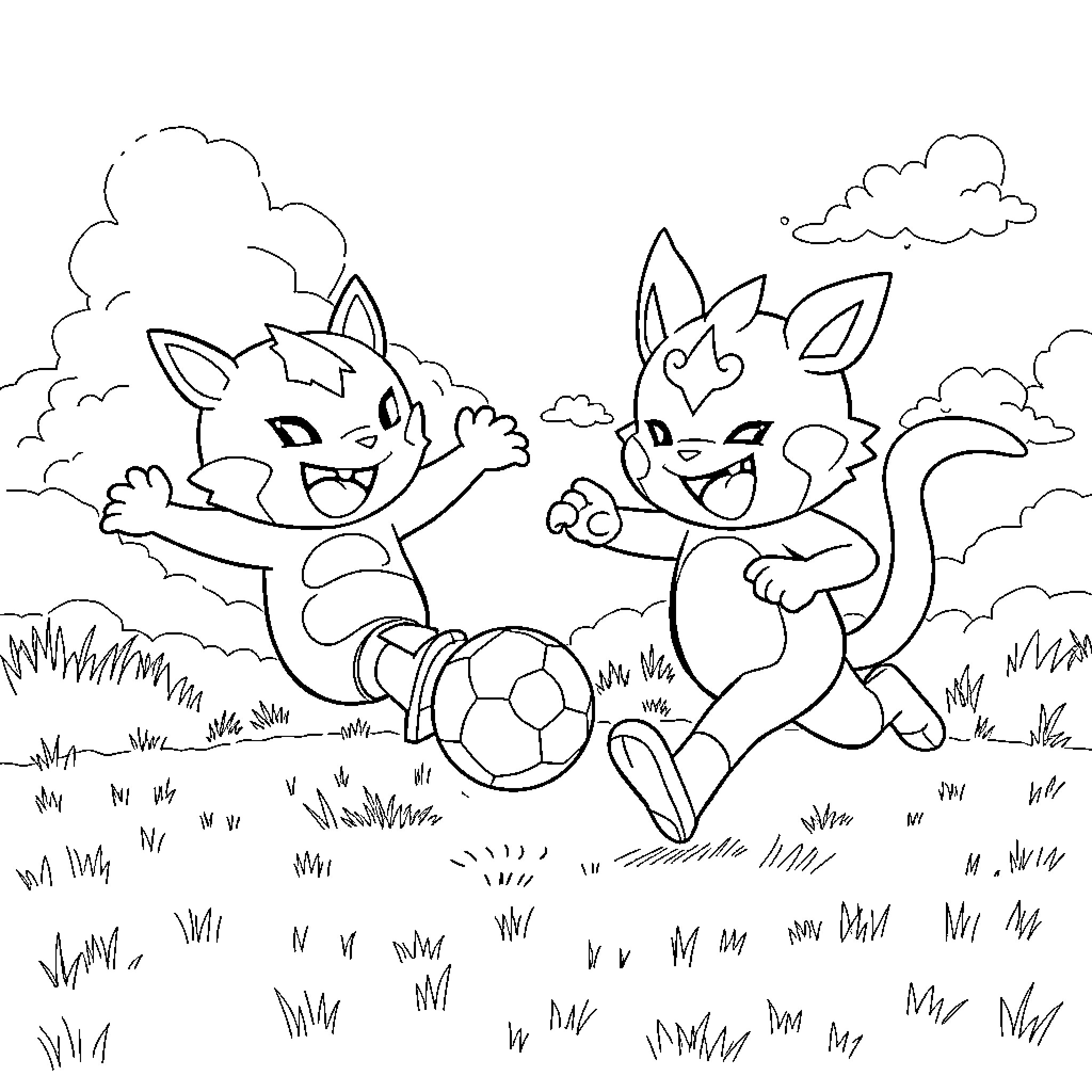 Agumon and Agumon friend playing soccer in the field Coloring Page (free black-and-white line drawing printable PDF for all, from beginners to advanced learners, including children, teens, adults, and seniors)