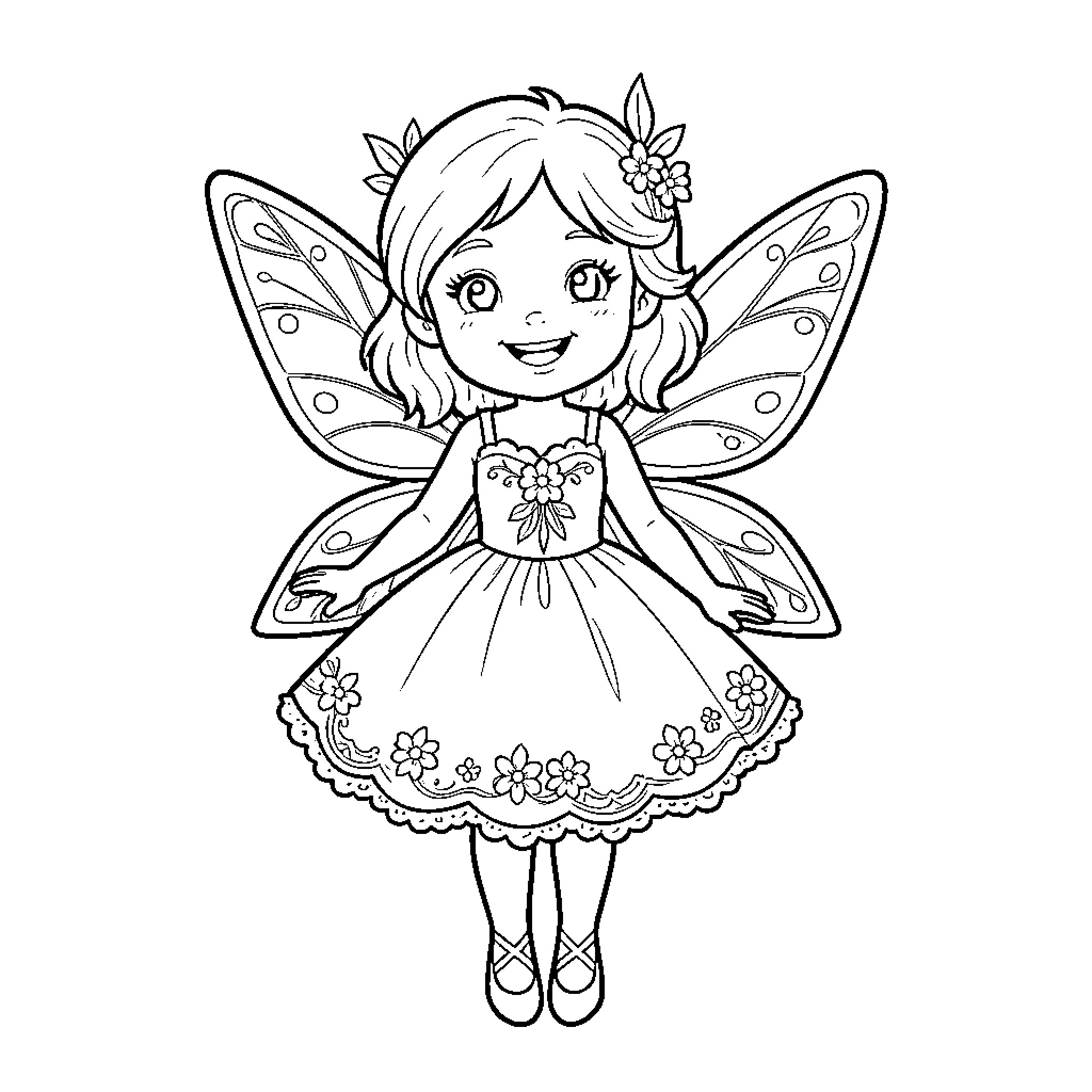 Fairy wearing a flowered dress and smiling brightly Coloring Page (free black-and-white line drawing printable PDF for all, from beginners to advanced learners, including children, teens, adults, and seniors)