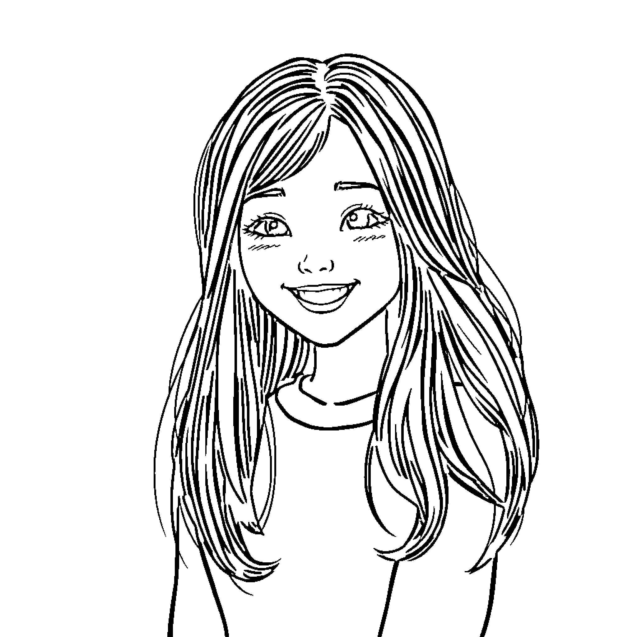 Girl with Cheerful Smile and Long Hair Coloring Page (free black-and-white line drawing printable PDF for all, from beginners to advanced learners, including children, teens, adults, and seniors)
