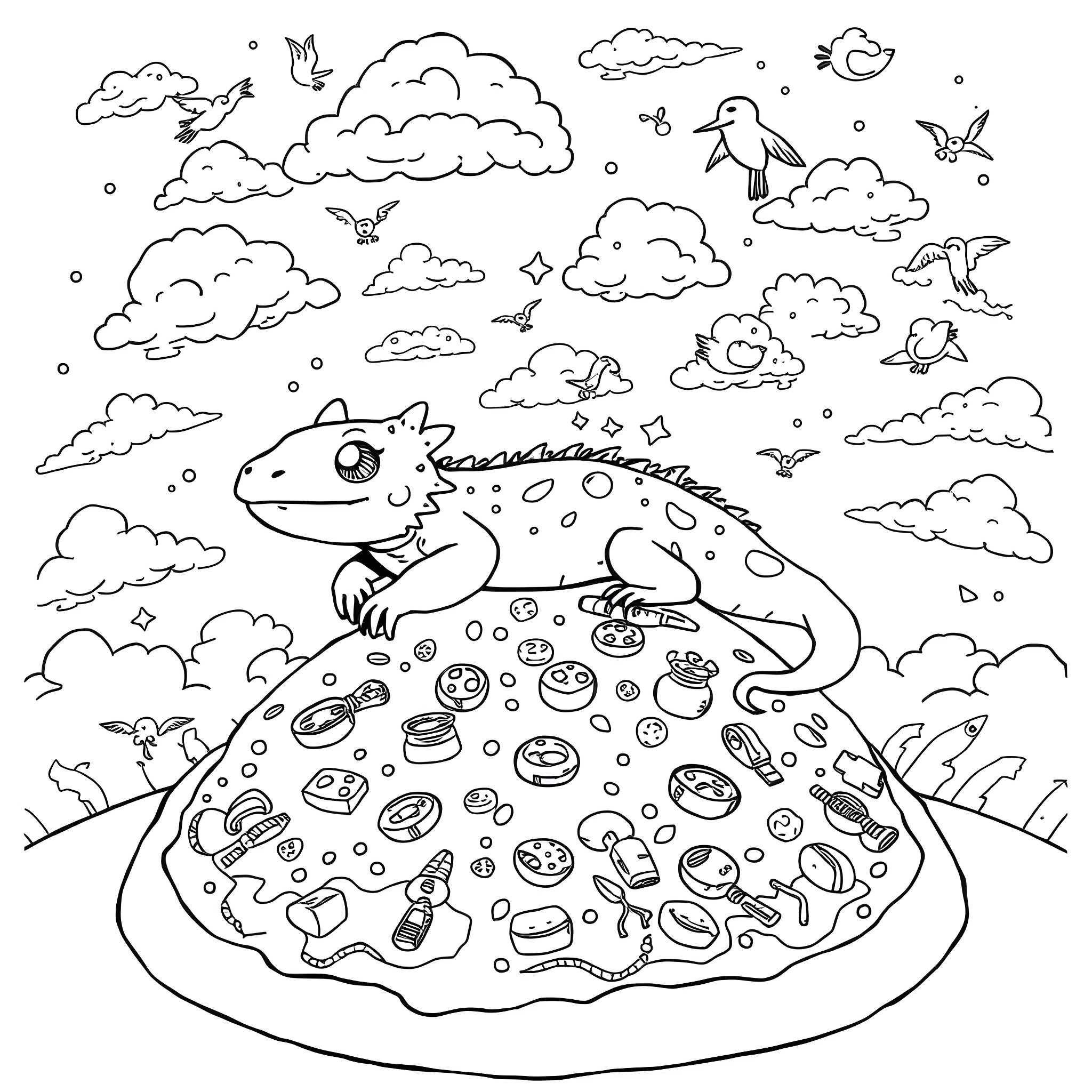 Axolotl adventuring in a whimsical landscape Coloring Page (free black-and-white line drawing printable PDF for all, from beginners to advanced learners, including children, teens, adults, and seniors)